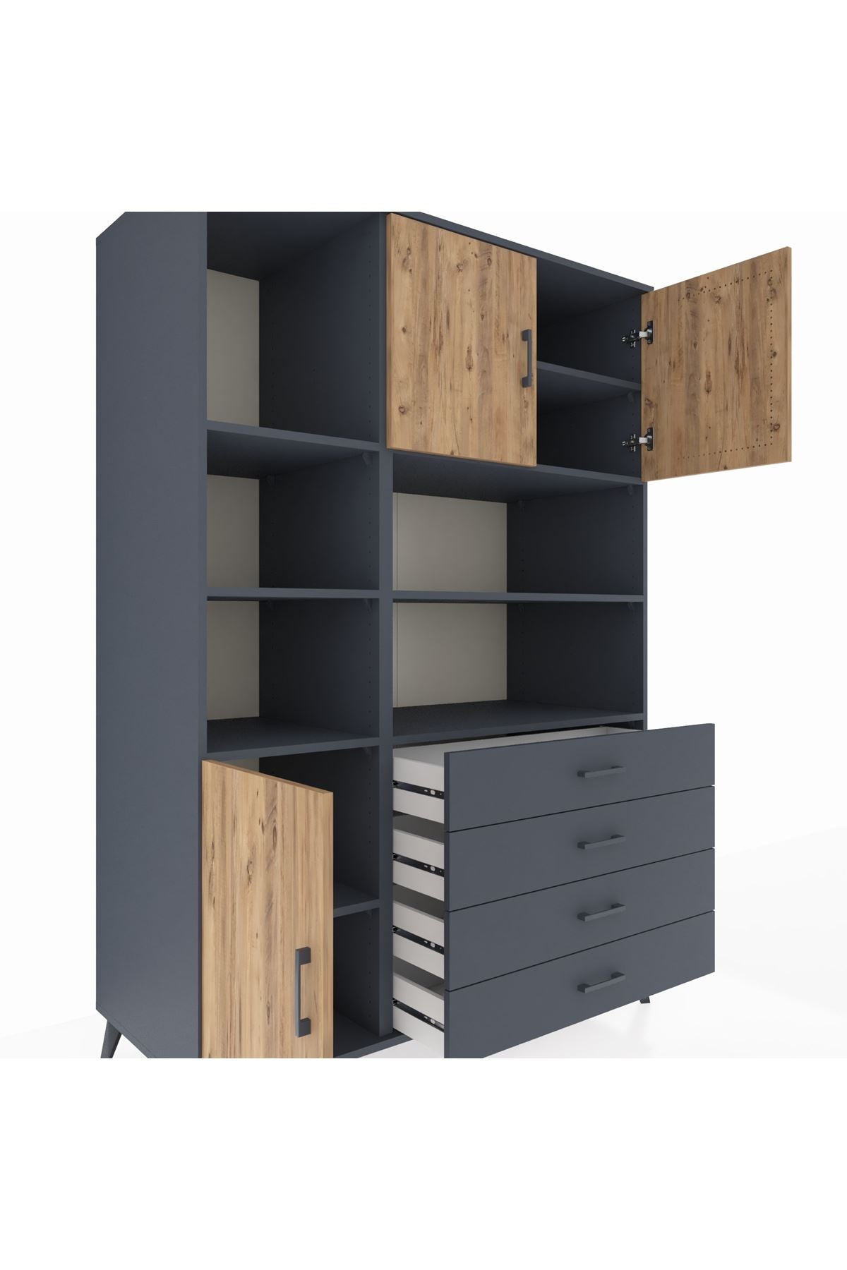 Kronos Dolap 8 Raflı 4 Çekmeceli 3 Kapaklı 132x59x195 Antrasit-Çam/Antrasit