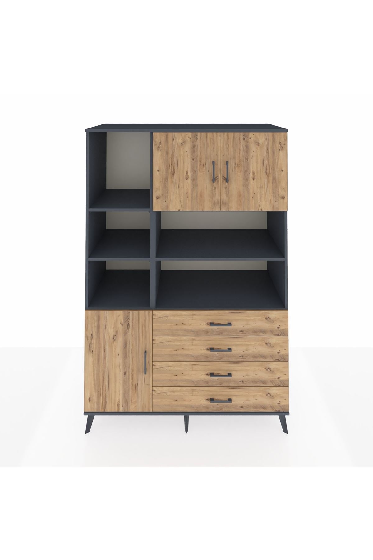 Kronos Dolap 8 Raflı 4 Çekmeceli 3 Kapaklı 132x59x195 Antrasit-Çam/Çam