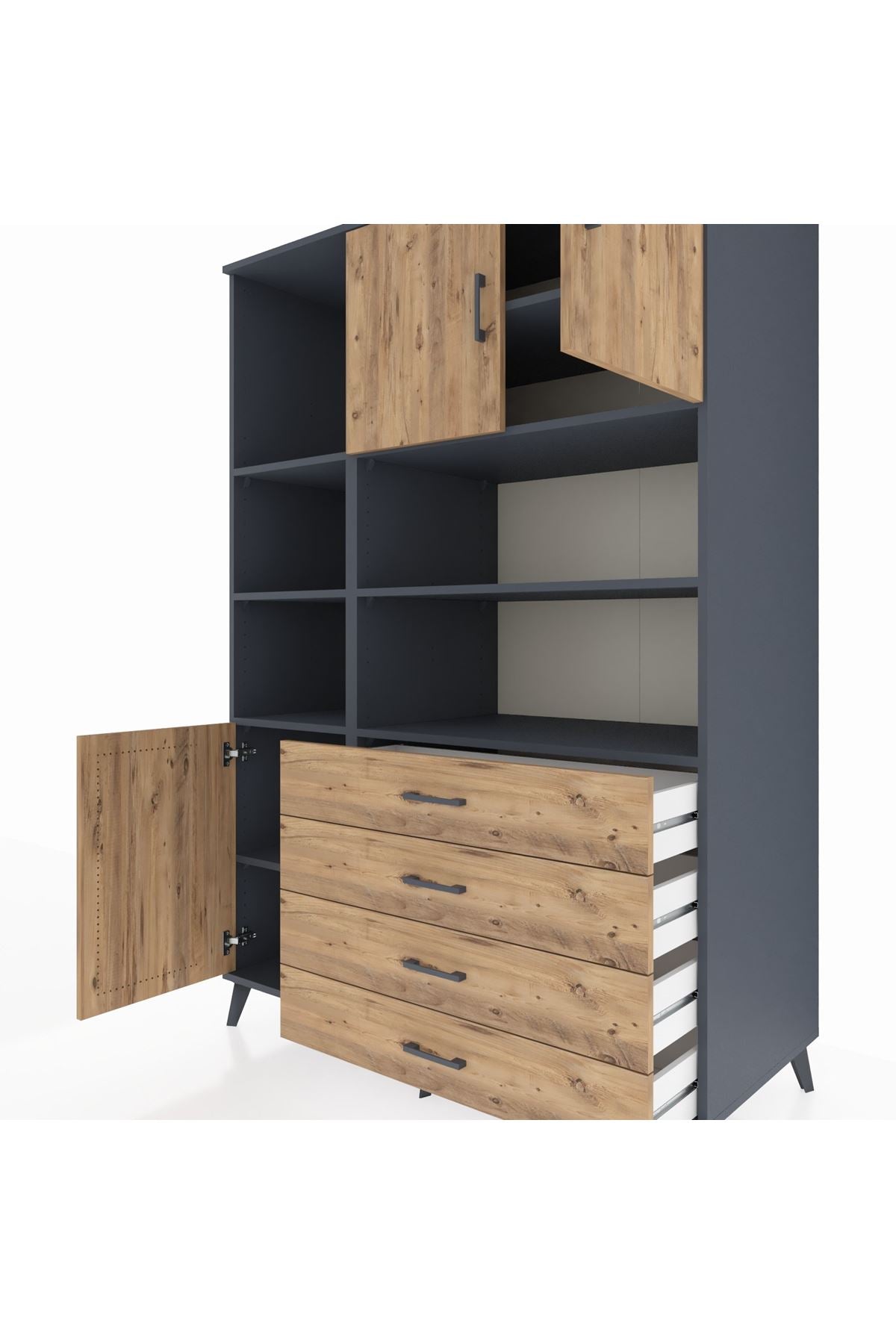 Kronos Dolap 8 Raflı 4 Çekmeceli 3 Kapaklı 132x59x195 Antrasit-Çam/Çam