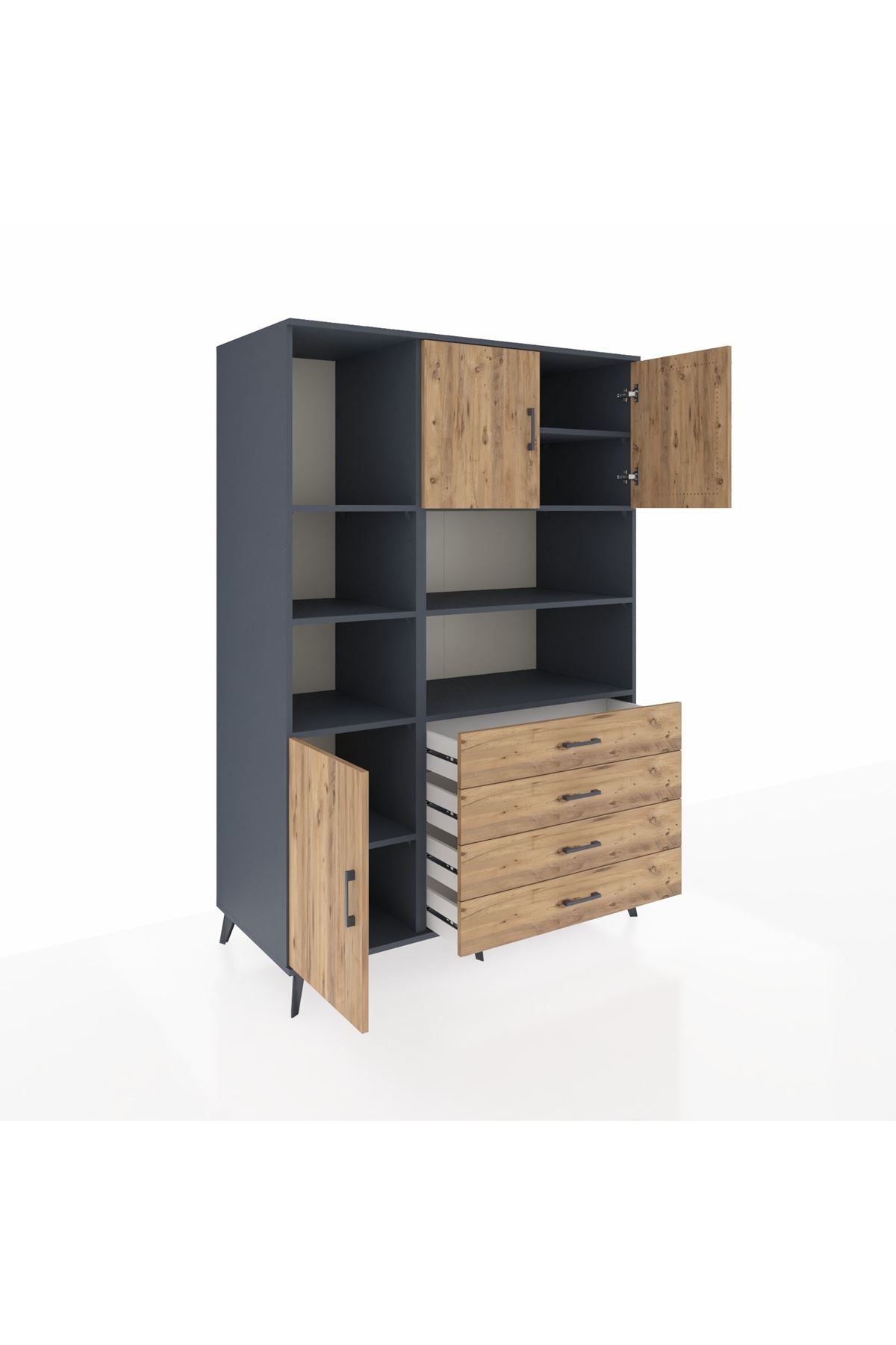 Kronos Dolap 8 Raflı 4 Çekmeceli 3 Kapaklı 132x59x195 Antrasit-Çam/Çam