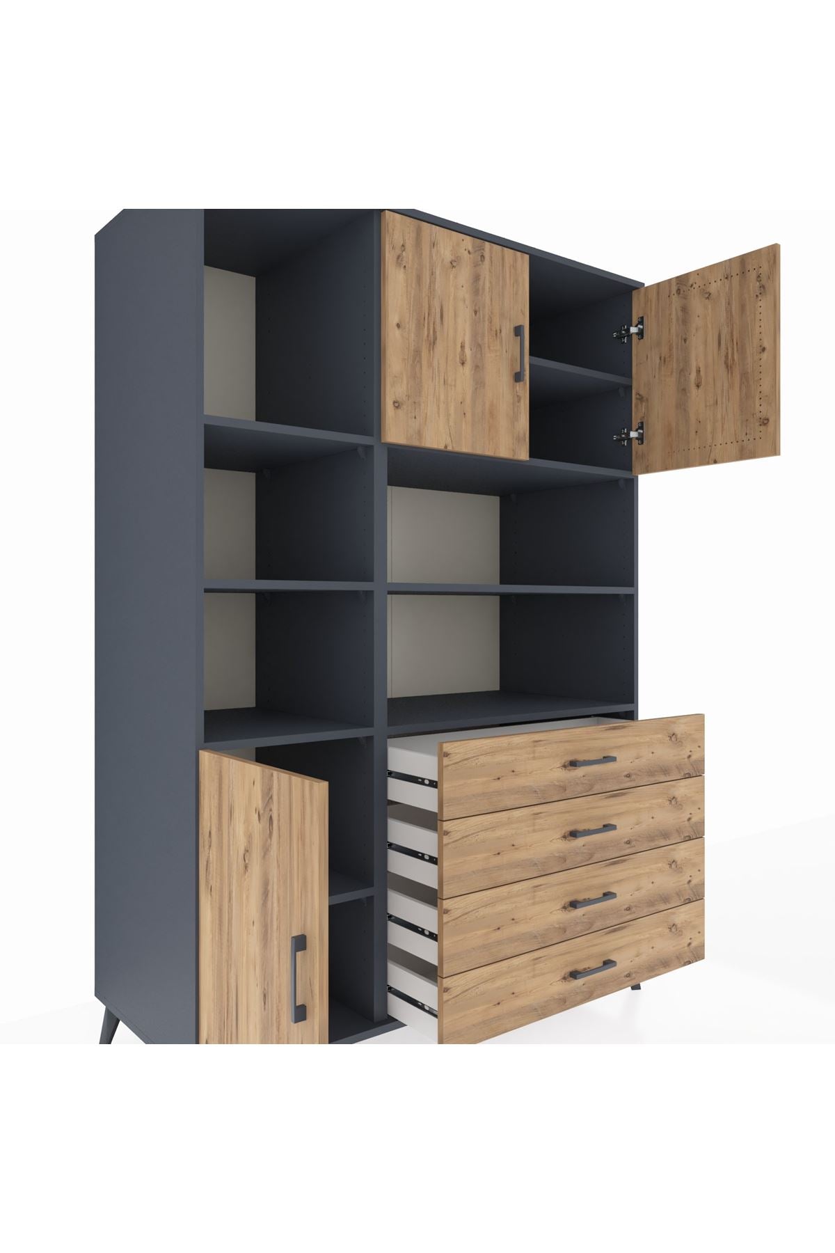 Kronos Dolap 8 Raflı 4 Çekmeceli 3 Kapaklı 132x59x195 Antrasit-Çam/Çam