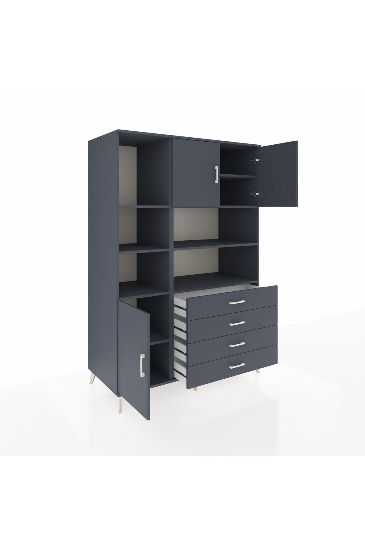 Kronos Dolap 8 Raflı 4 Çekmeceli 3 Kapaklı 132x59x195 Antrasit-Antrasit/Antrasit