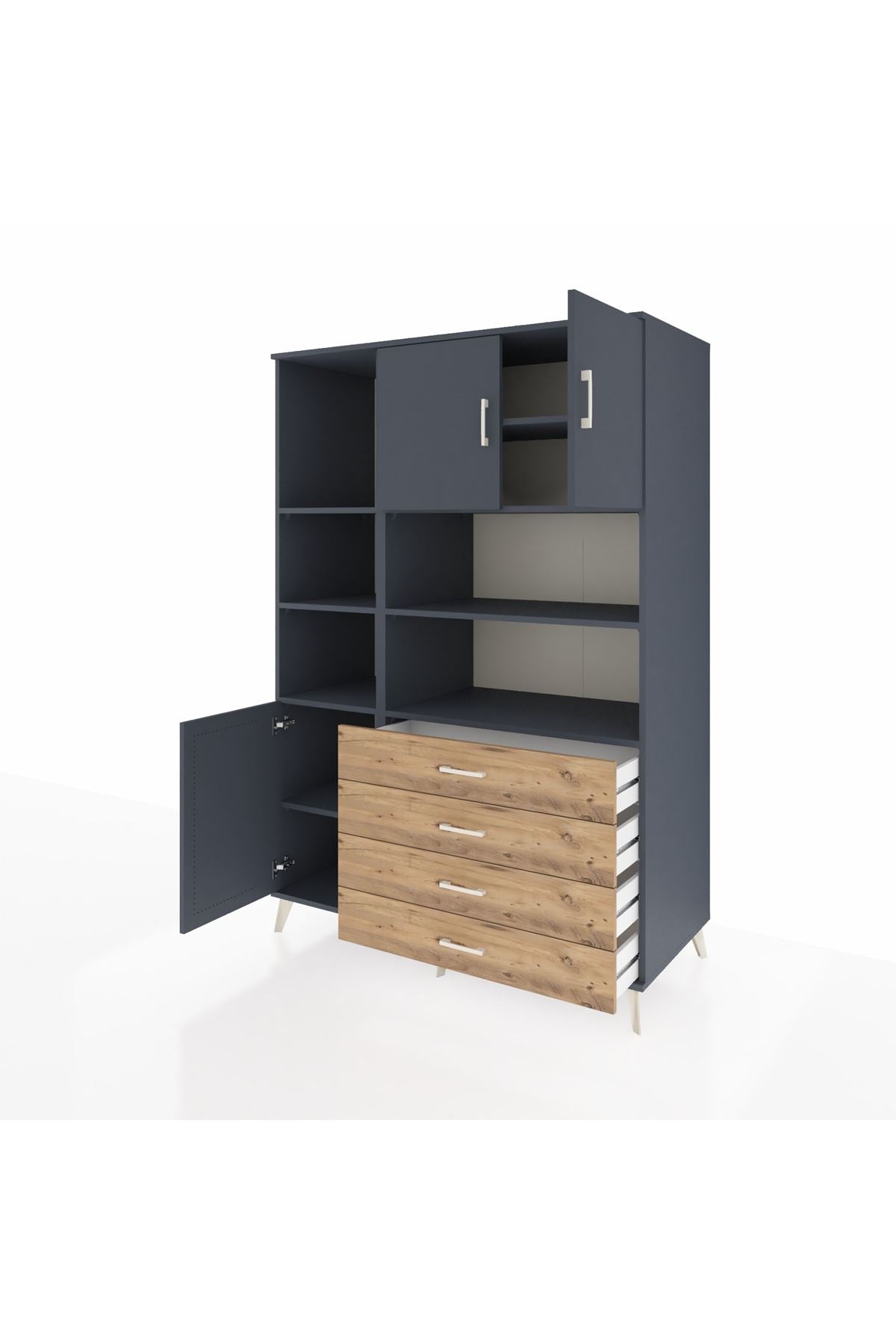 Kronos Dolap 8 Raflı 4 Çekmeceli 3 Kapaklı 132x59x195 Antrasit-Antrasit/Çam