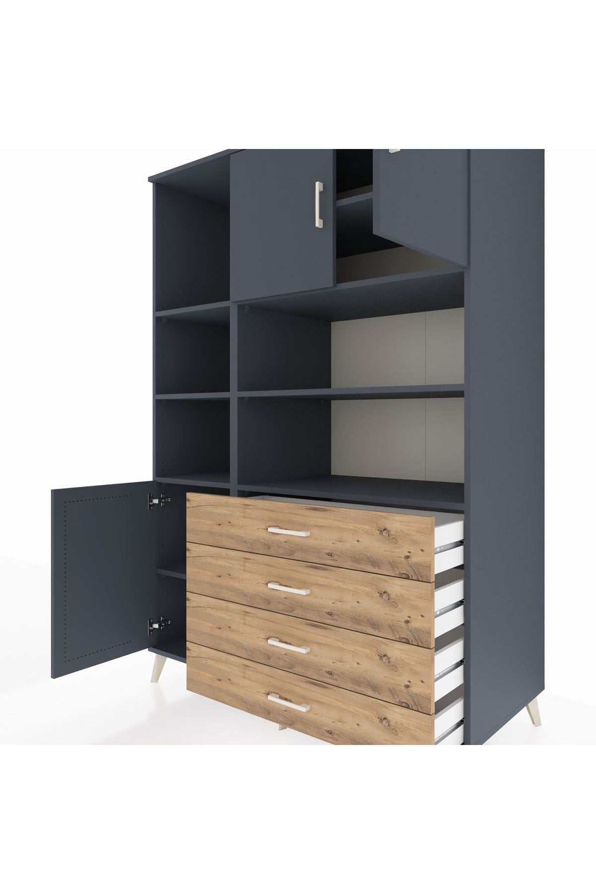 Kronos Dolap 8 Raflı 4 Çekmeceli 3 Kapaklı 132x59x195 Antrasit-Antrasit/Çam