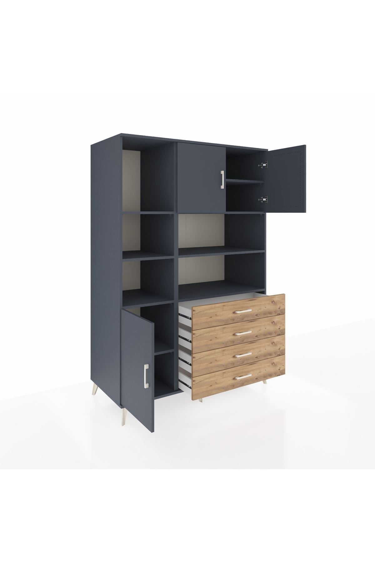 Kronos Dolap 8 Raflı 4 Çekmeceli 3 Kapaklı 132x59x195 Antrasit-Antrasit/Çam