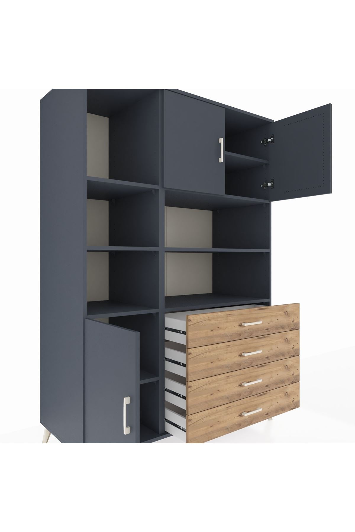 Kronos Dolap 8 Raflı 4 Çekmeceli 3 Kapaklı 132x59x195 Antrasit-Antrasit/Çam