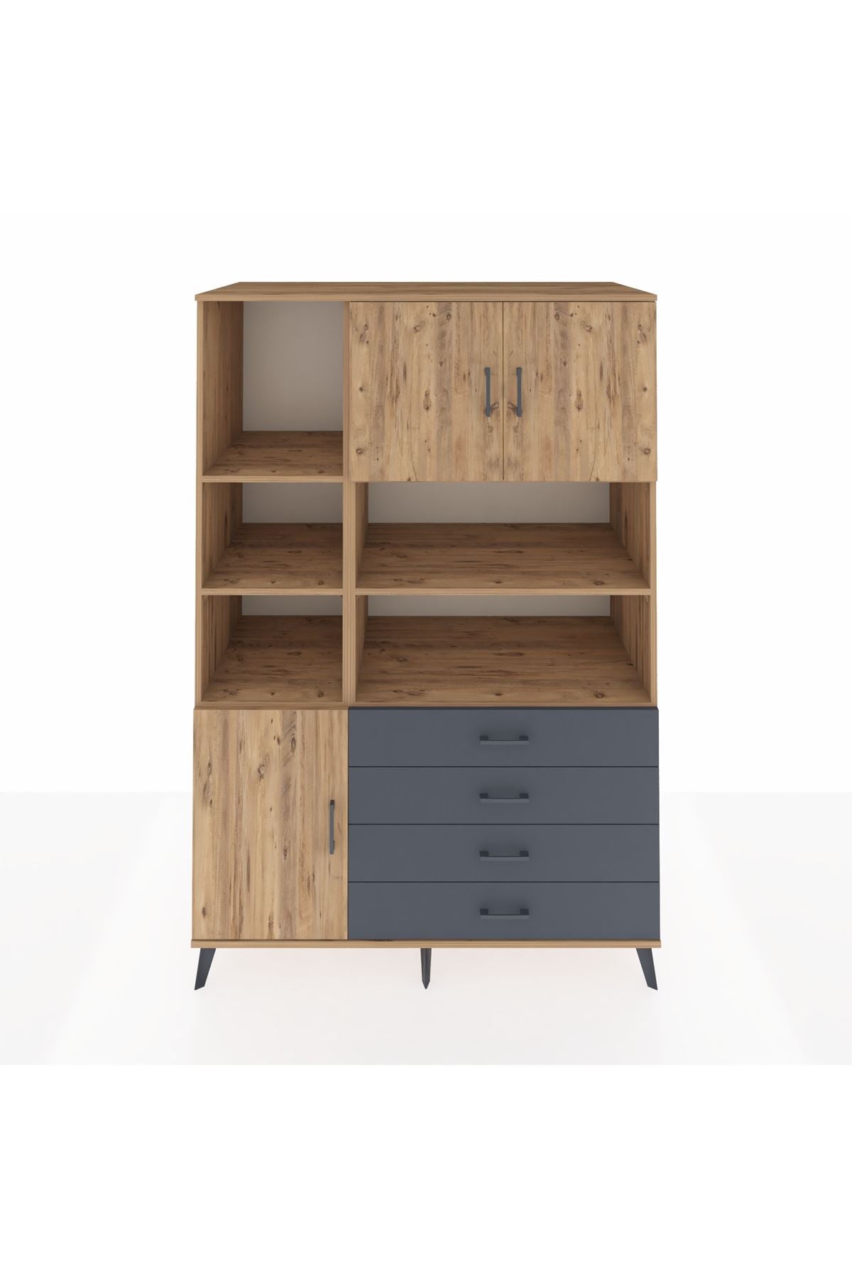 Kronos Dolap 8 Raflı 4 Çekmeceli 3 Kapaklı 132x59x195 Çam-Çam/Antrasit