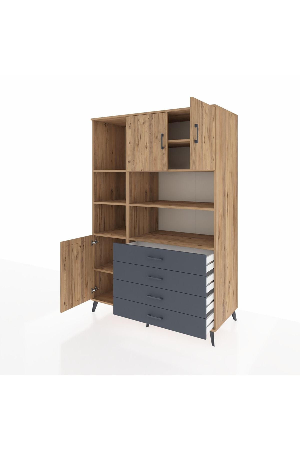 Kronos Dolap 8 Raflı 4 Çekmeceli 3 Kapaklı 132x59x195 Çam-Çam/Antrasit