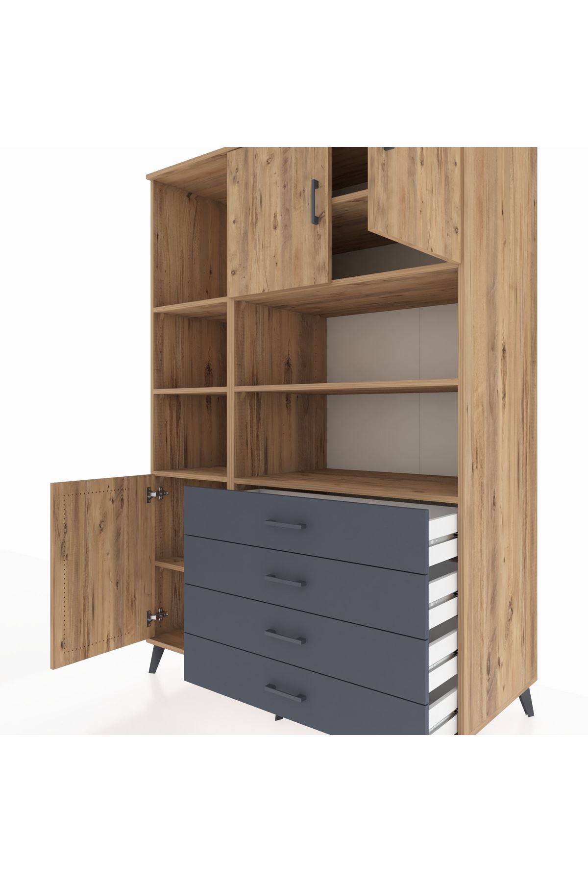 Kronos Dolap 8 Raflı 4 Çekmeceli 3 Kapaklı 132x59x195 Çam-Çam/Antrasit