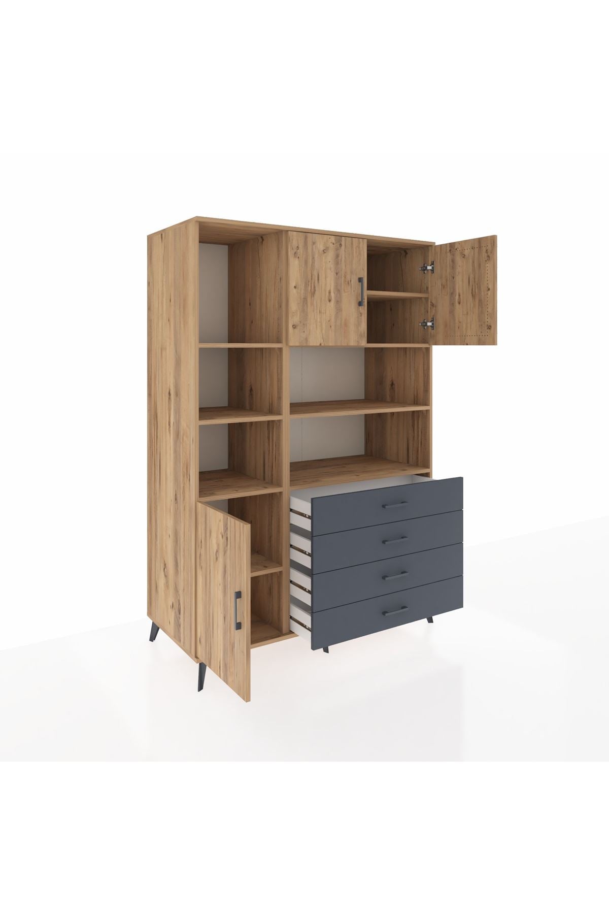 Kronos Dolap 8 Raflı 4 Çekmeceli 3 Kapaklı 132x59x195 Çam-Çam/Antrasit