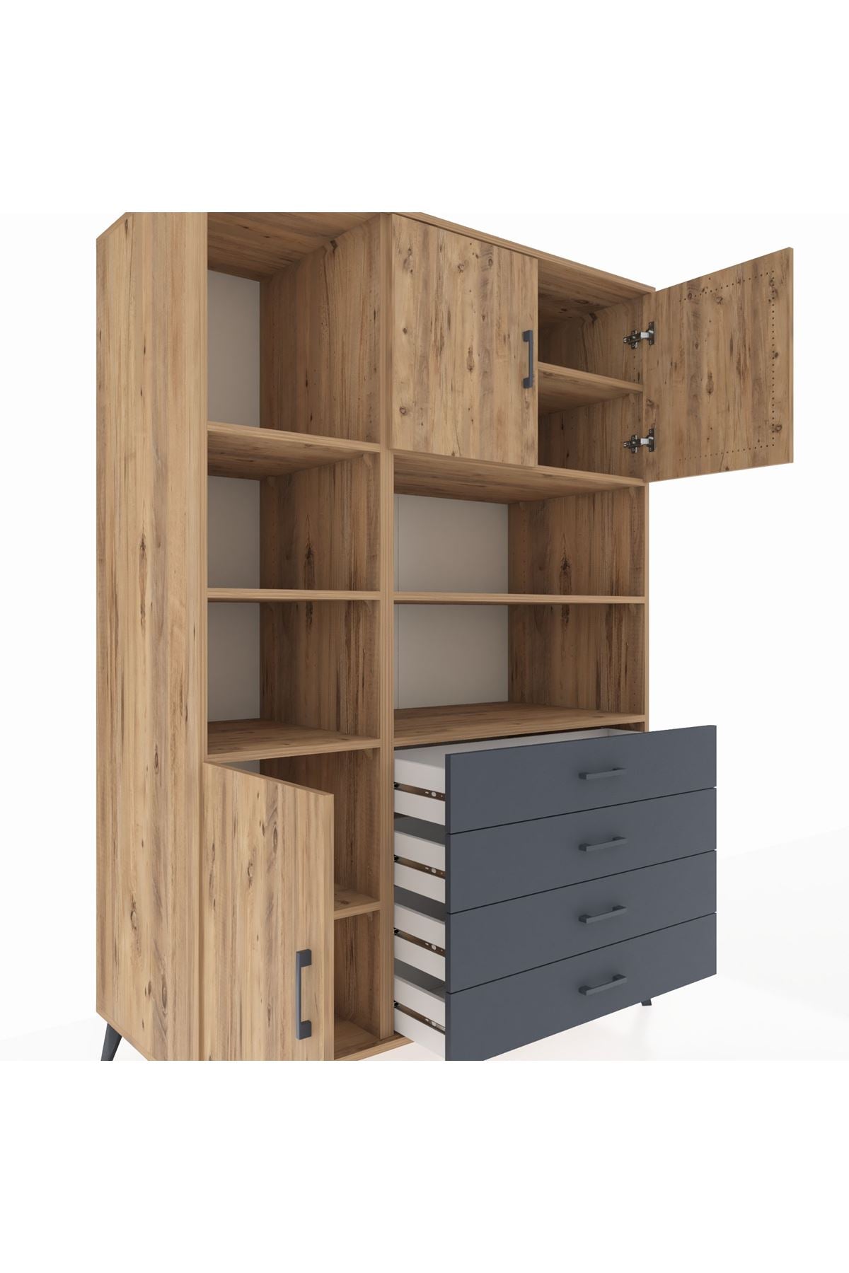 Kronos Dolap 8 Raflı 4 Çekmeceli 3 Kapaklı 132x59x195 Çam-Çam/Antrasit