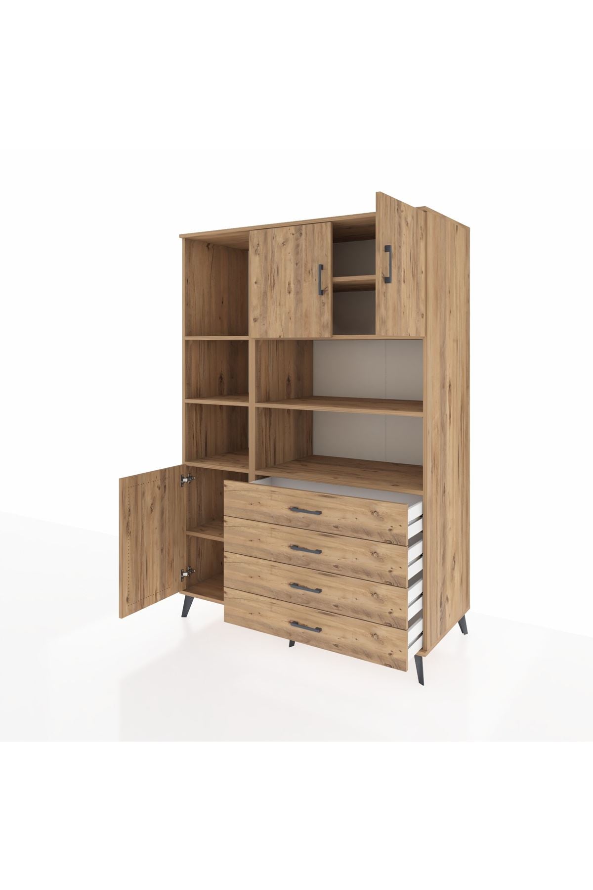 Kronos Dolap 8 Raflı 4 Çekmeceli 3 Kapaklı 132x59x195 Çam-Çam/Çam