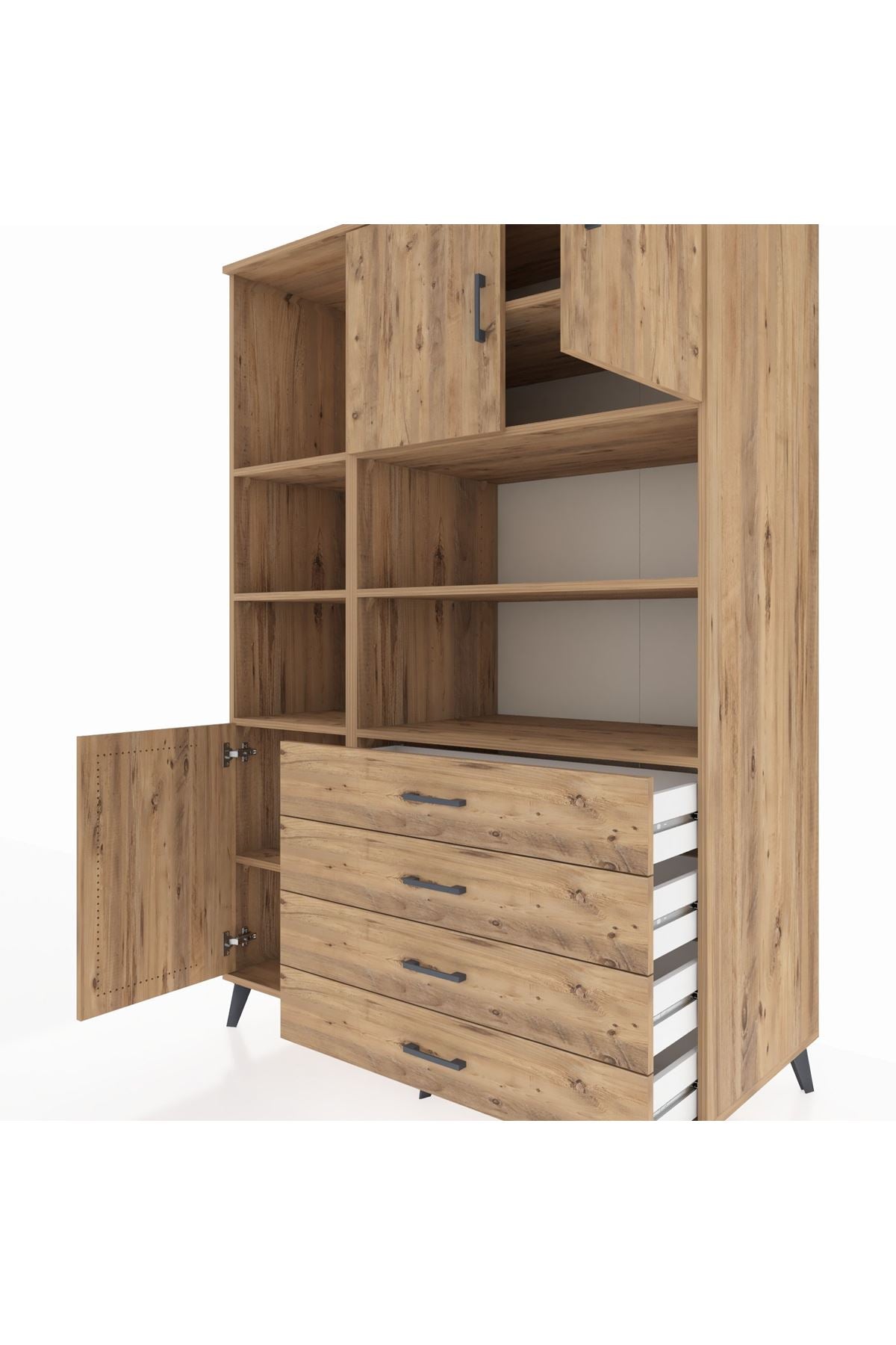 Kronos Dolap 8 Raflı 4 Çekmeceli 3 Kapaklı 132x59x195 Çam-Çam/Çam