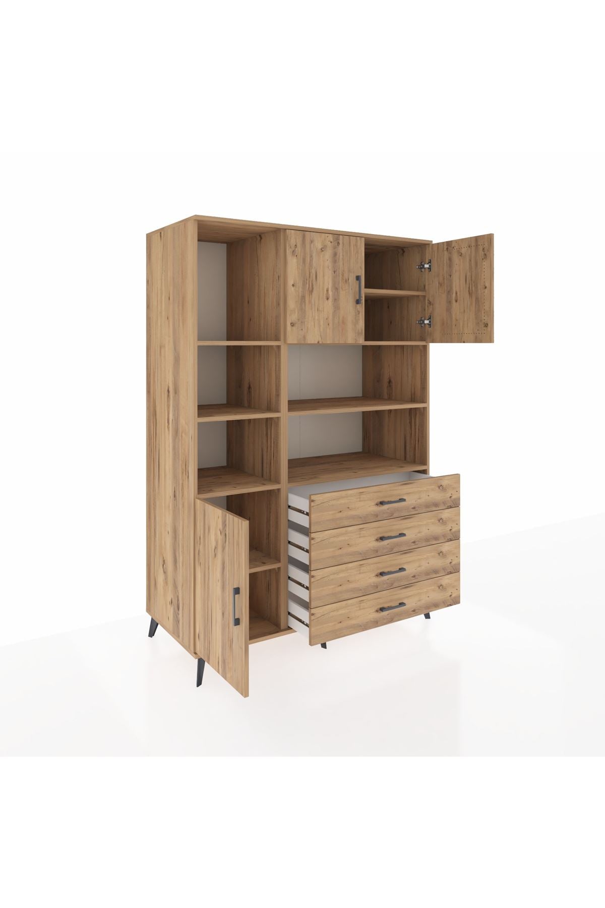 Kronos Dolap 8 Raflı 4 Çekmeceli 3 Kapaklı 132x59x195 Çam-Çam/Çam