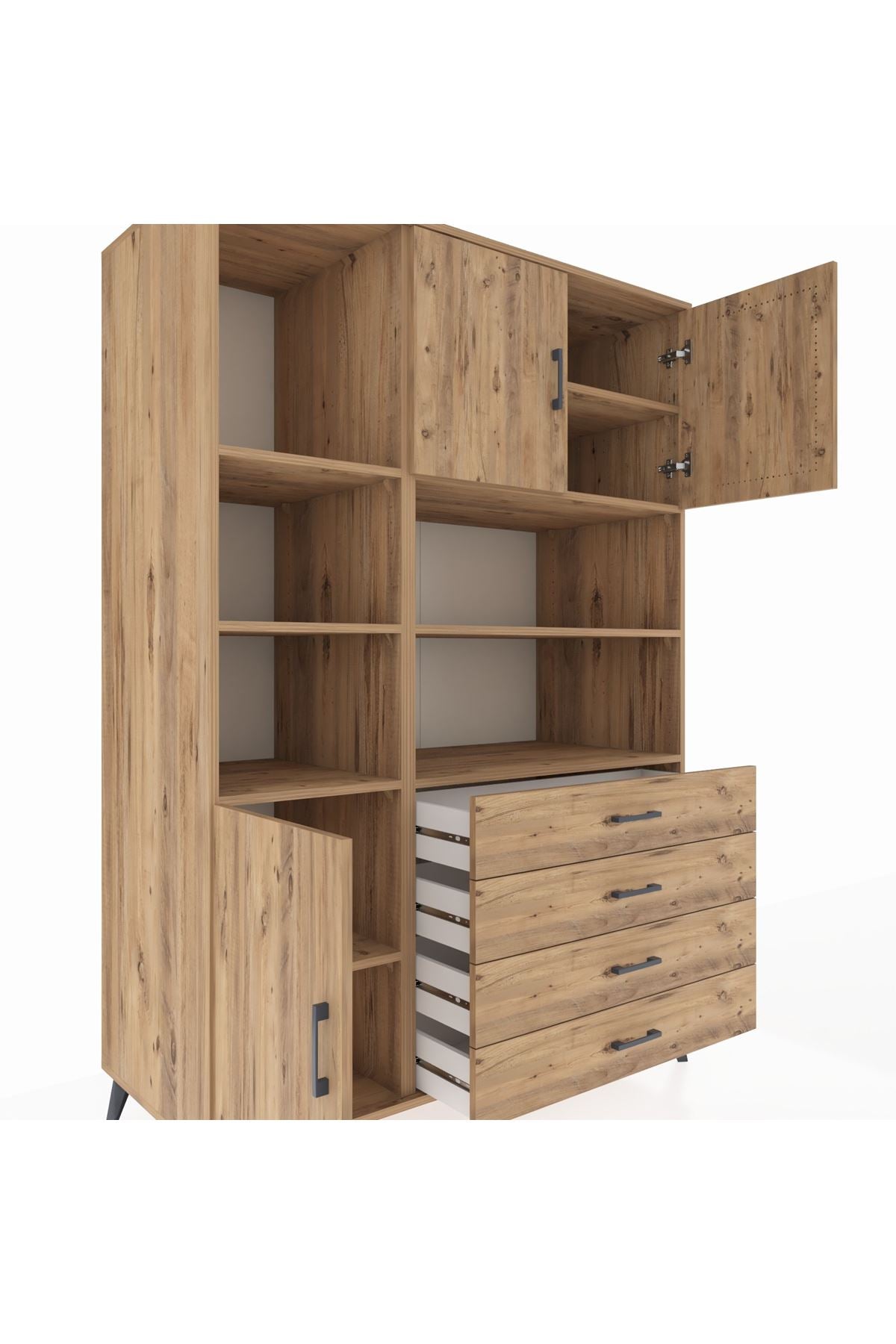 Kronos Dolap 8 Raflı 4 Çekmeceli 3 Kapaklı 132x59x195 Çam-Çam/Çam