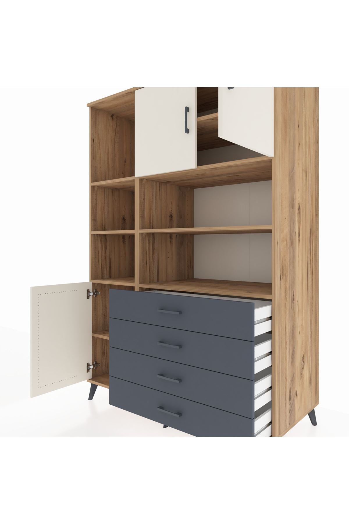 Kronos Dolap 8 Raflı 4 Çekmeceli 3 Kapaklı 132x59x195 Çam-Aytaşı/Antrasit