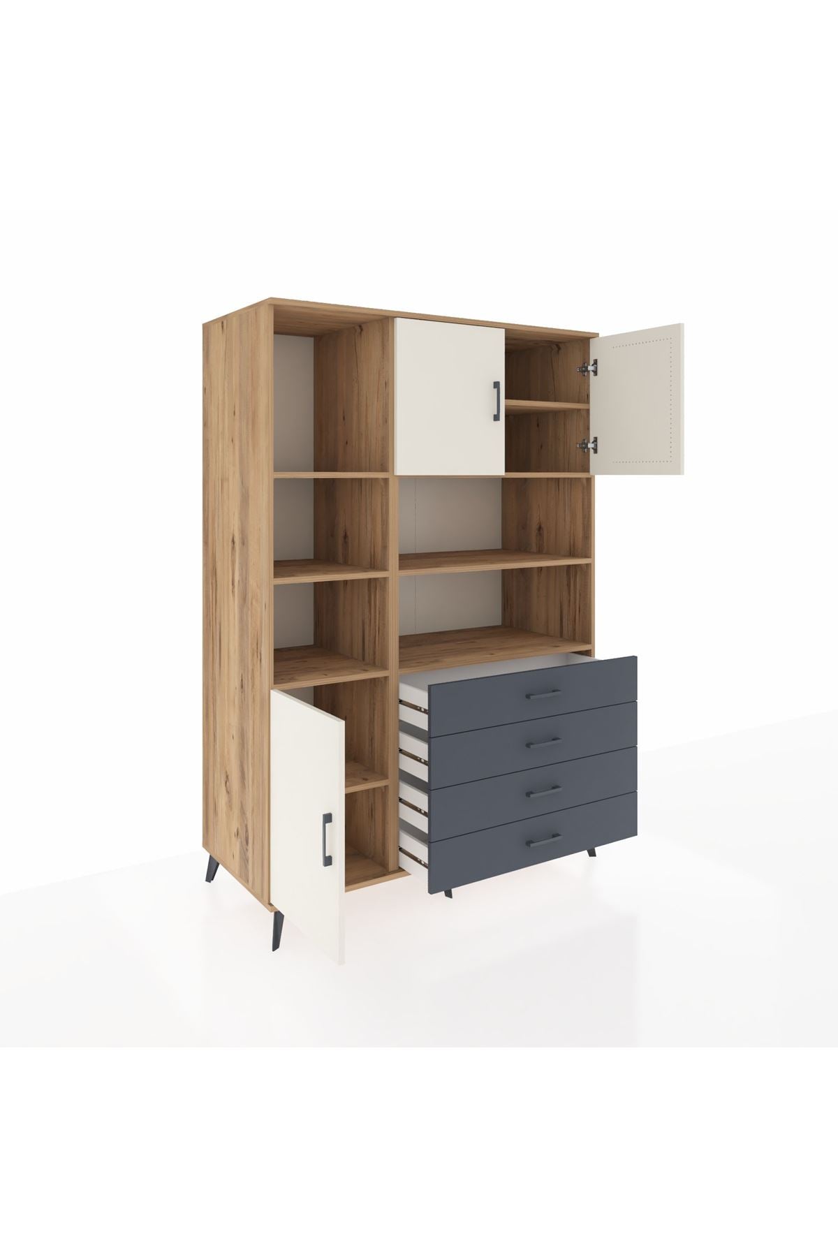 Kronos Dolap 8 Raflı 4 Çekmeceli 3 Kapaklı 132x59x195 Çam-Aytaşı/Antrasit