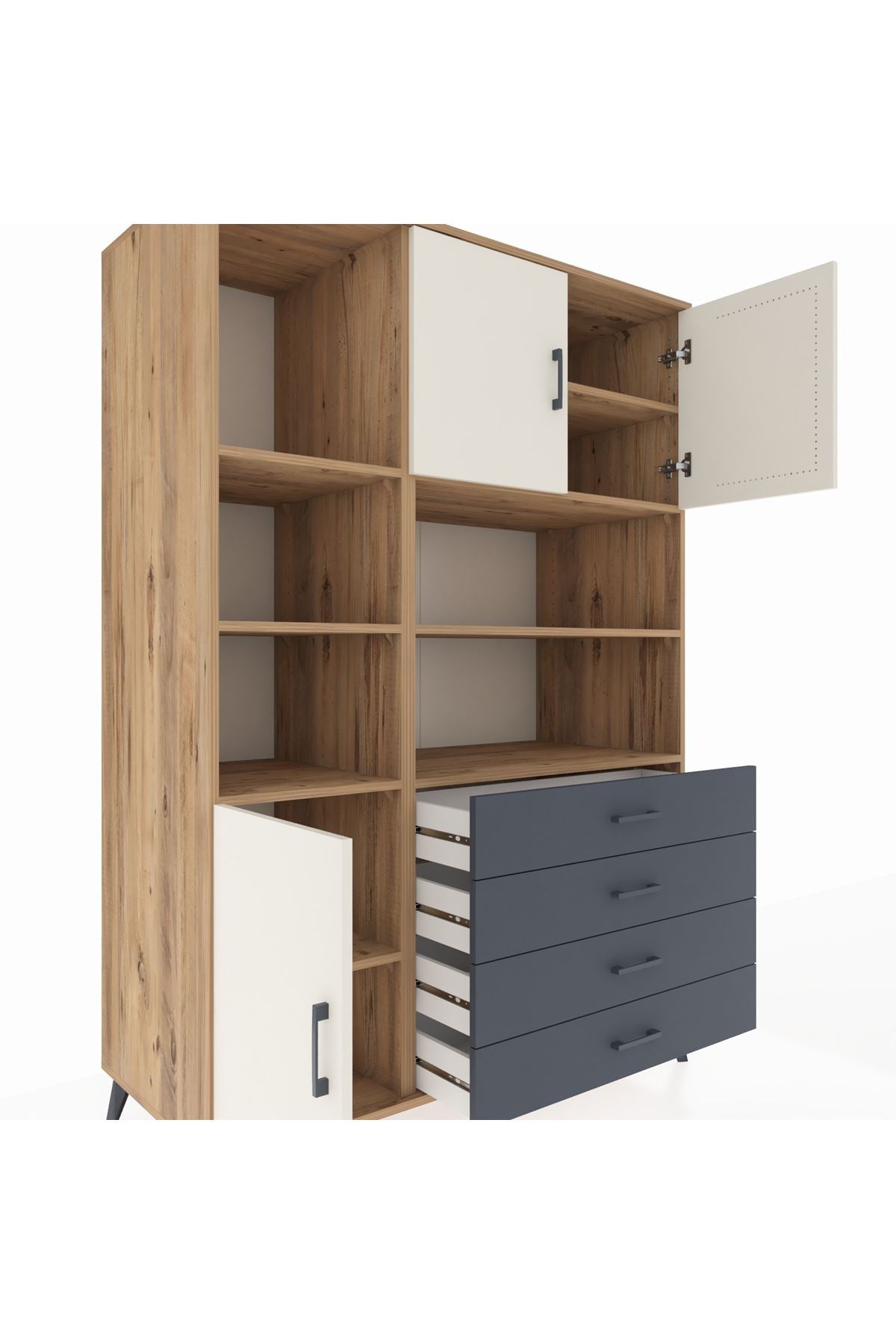 Kronos Dolap 8 Raflı 4 Çekmeceli 3 Kapaklı 132x59x195 Çam-Aytaşı/Antrasit