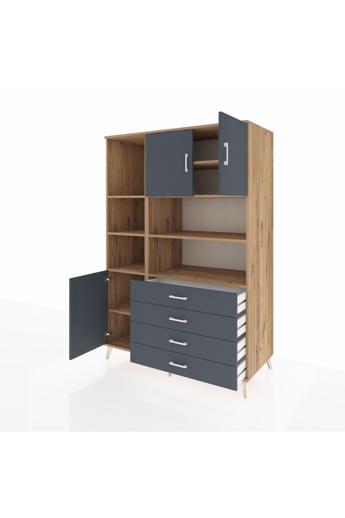 Kronos Dolap 8 Raflı 4 Çekmeceli 3 Kapaklı 132x59x195 Çam-Antrasit/Antrasit