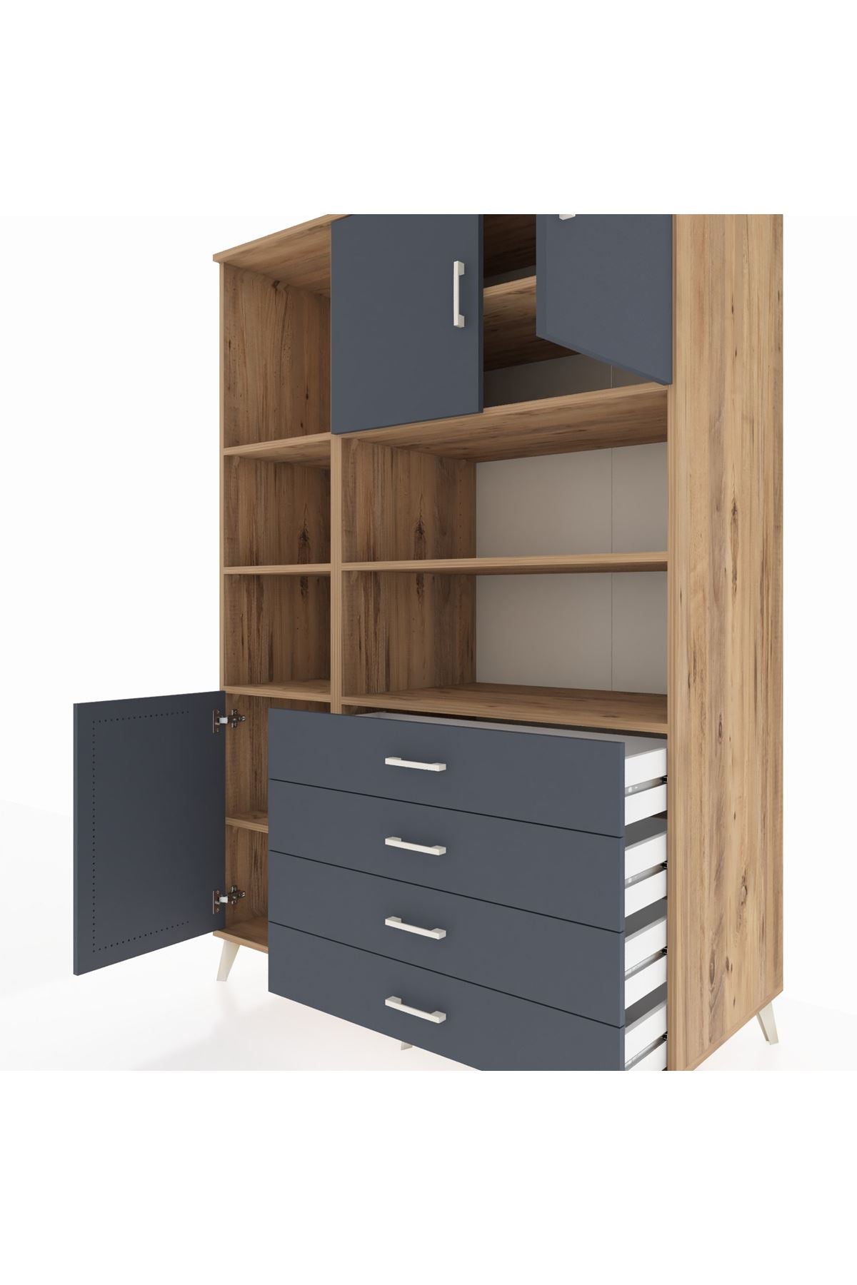 Kronos Dolap 8 Raflı 4 Çekmeceli 3 Kapaklı 132x59x195 Çam-Antrasit/Antrasit