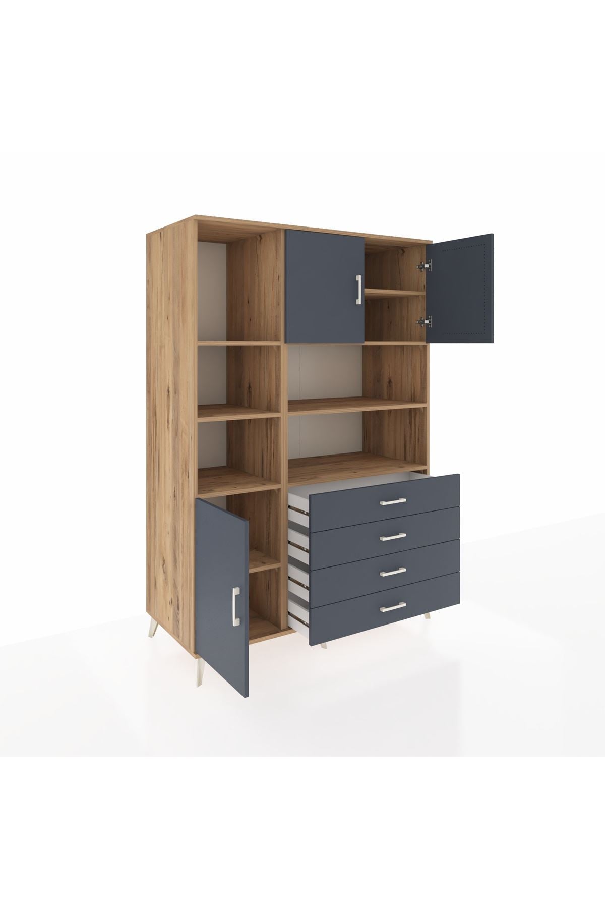 Kronos Dolap 8 Raflı 4 Çekmeceli 3 Kapaklı 132x59x195 Çam-Antrasit/Antrasit