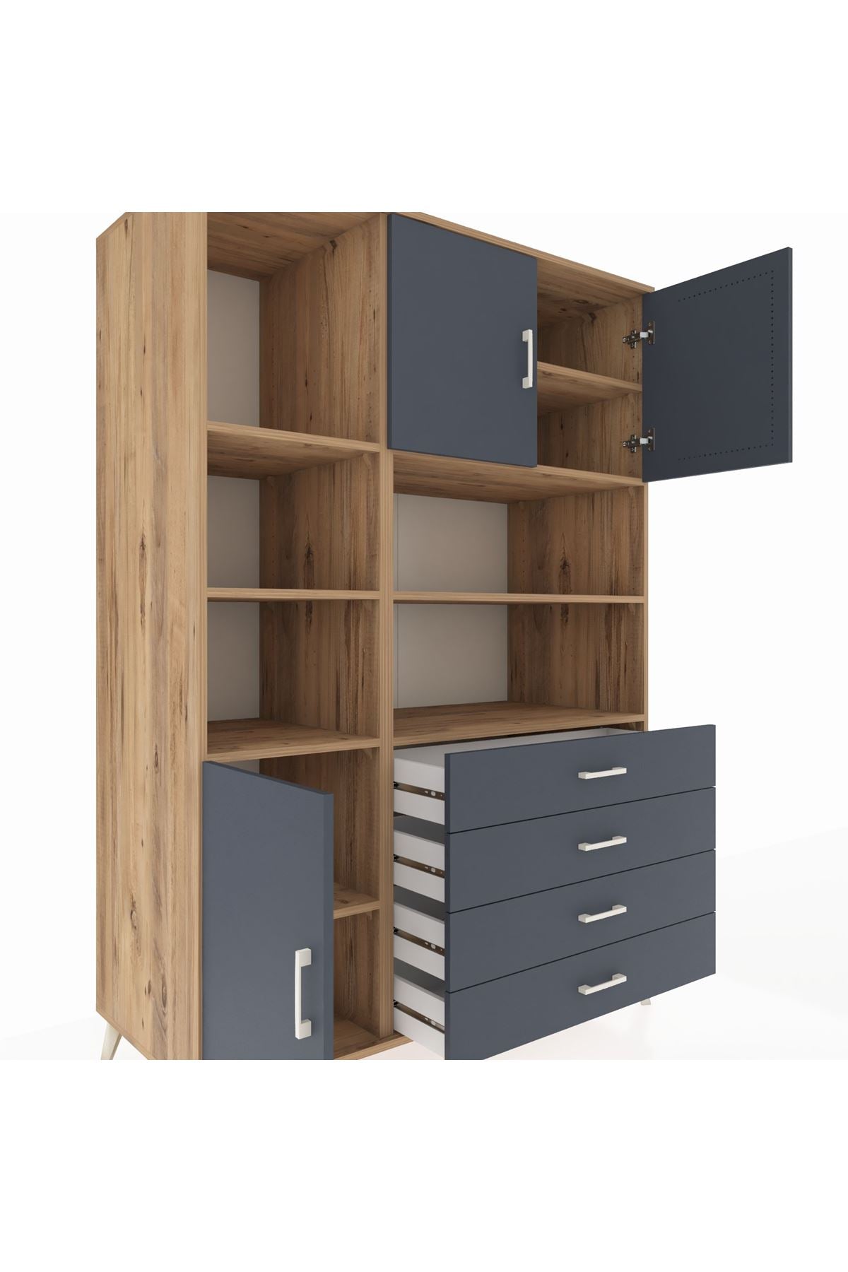 Kronos Dolap 8 Raflı 4 Çekmeceli 3 Kapaklı 132x59x195 Çam-Antrasit/Antrasit