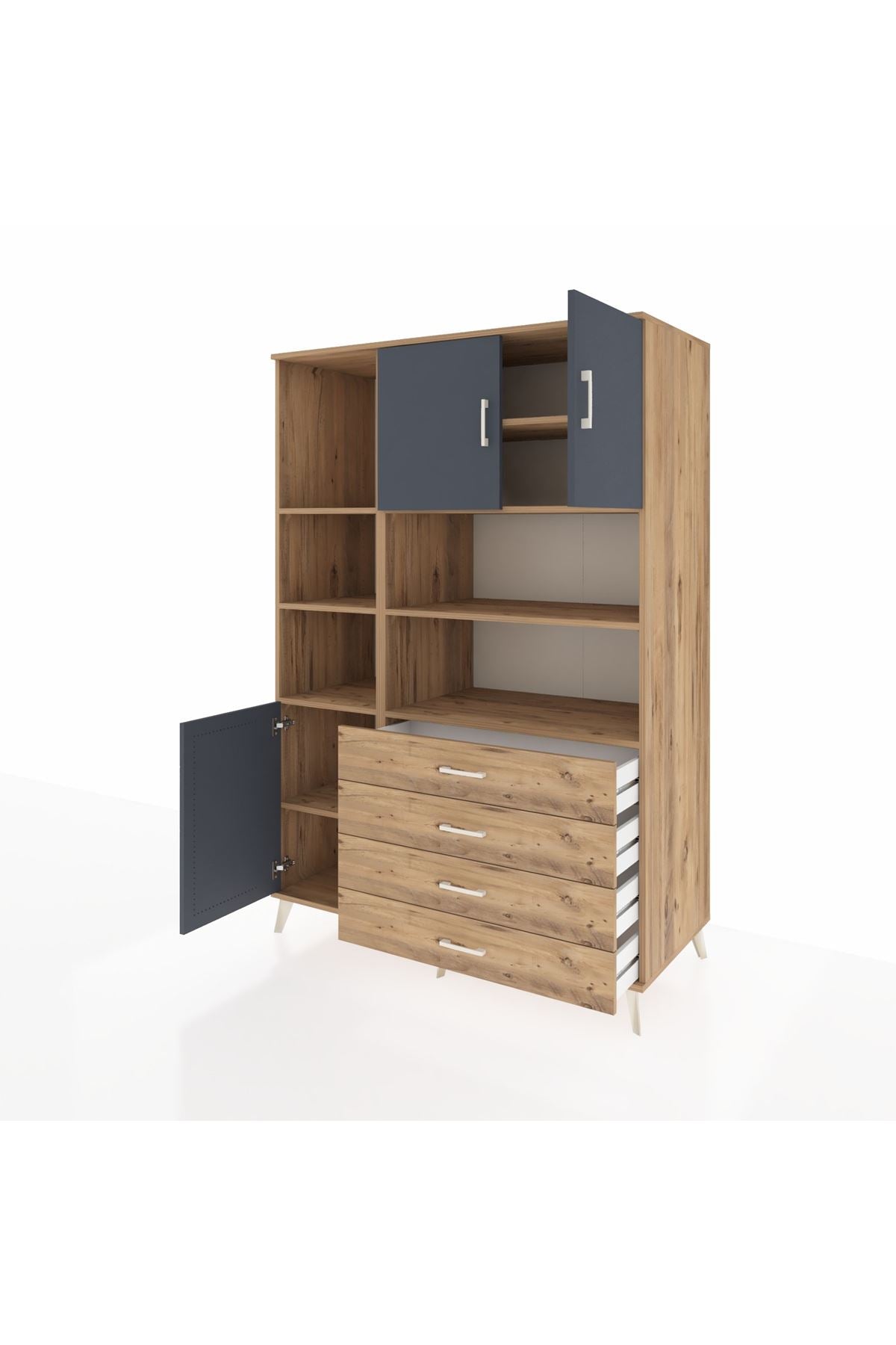 Kronos Dolap 8 Raflı 4 Çekmeceli 3 Kapaklı 132x59x195 Çam-Antrasit/Çam