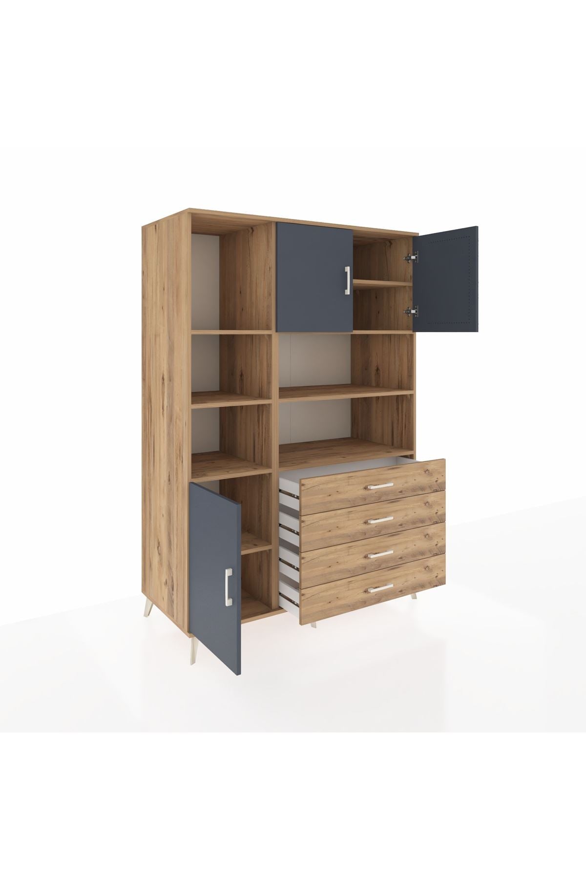 Kronos Dolap 8 Raflı 4 Çekmeceli 3 Kapaklı 132x59x195 Çam-Antrasit/Çam