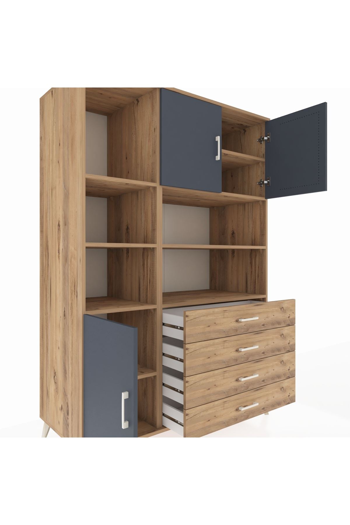 Kronos Dolap 8 Raflı 4 Çekmeceli 3 Kapaklı 132x59x195 Çam-Antrasit/Çam