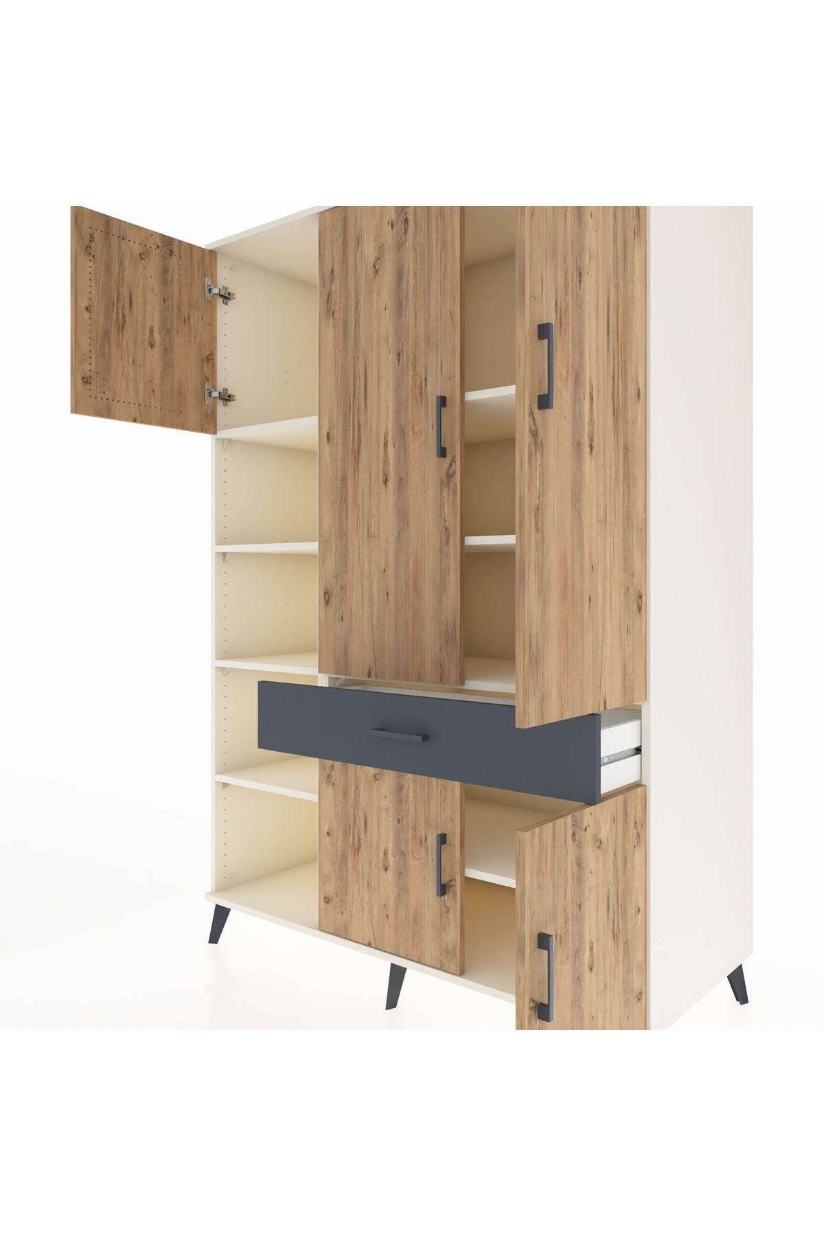 Kronos Dolap 8 Raflı Tek Çekmeceli 5 Kapaklı 132x59x195 Aytaşı-Çam/Antrasit