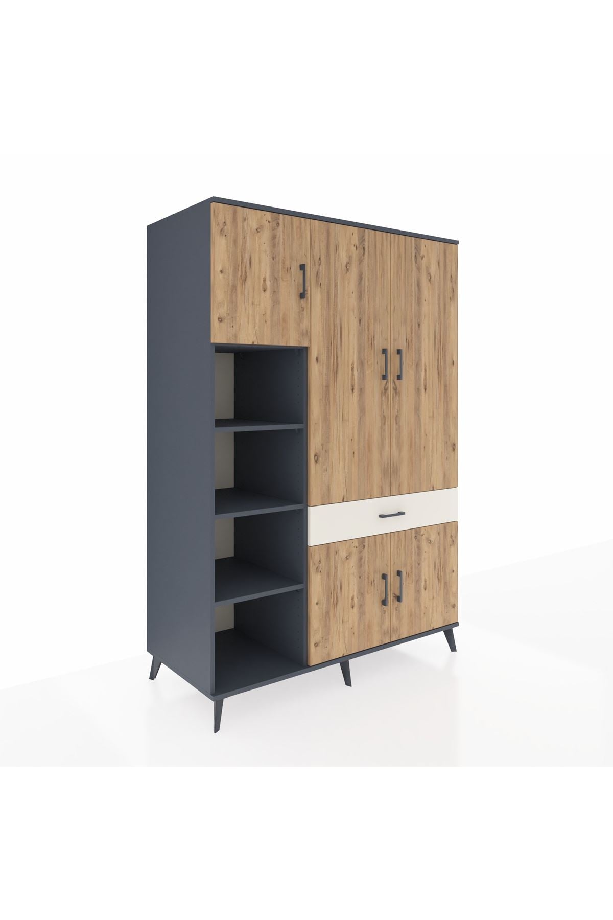 Kronos Dolap 8 Raflı Tek Çekmeceli 5 Kapaklı 132x59x195 Antrasit-Çam/Aytaşı