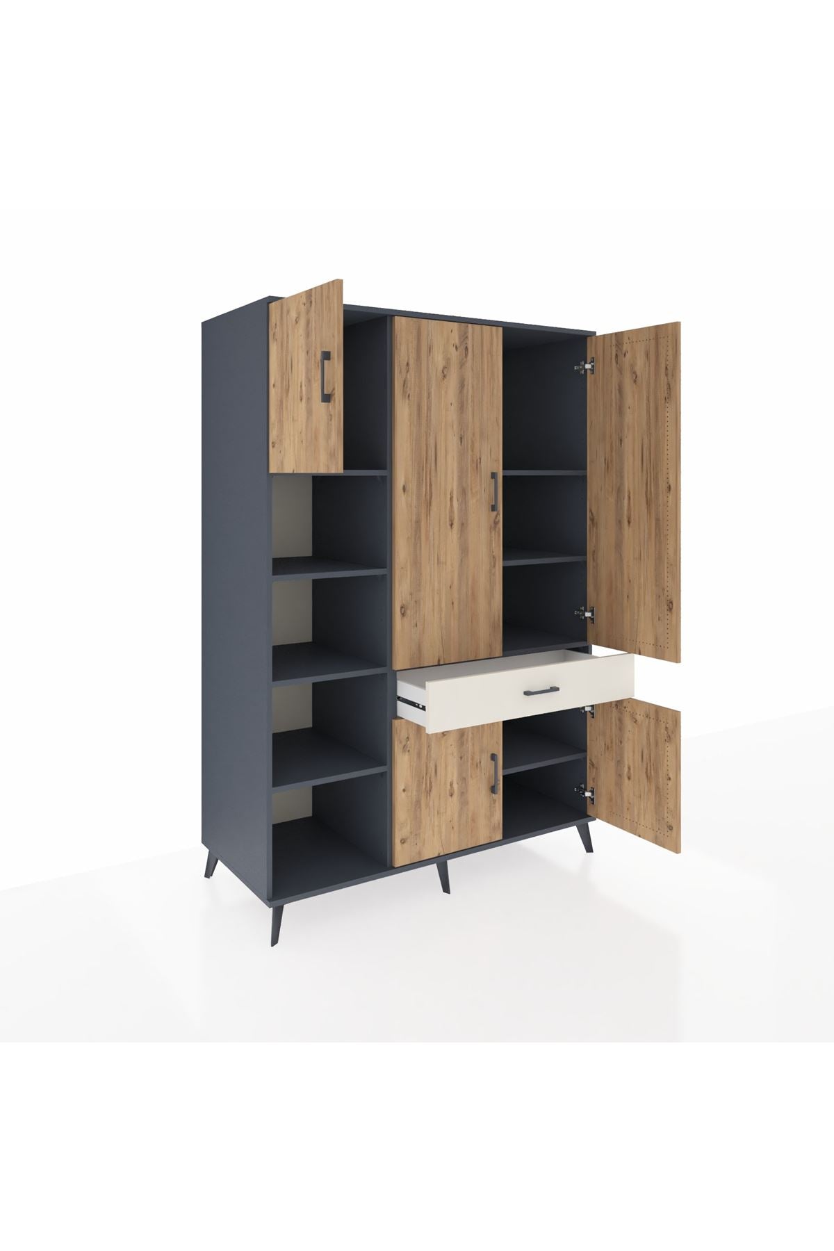 Kronos Dolap 8 Raflı Tek Çekmeceli 5 Kapaklı 132x59x195 Antrasit-Çam/Aytaşı