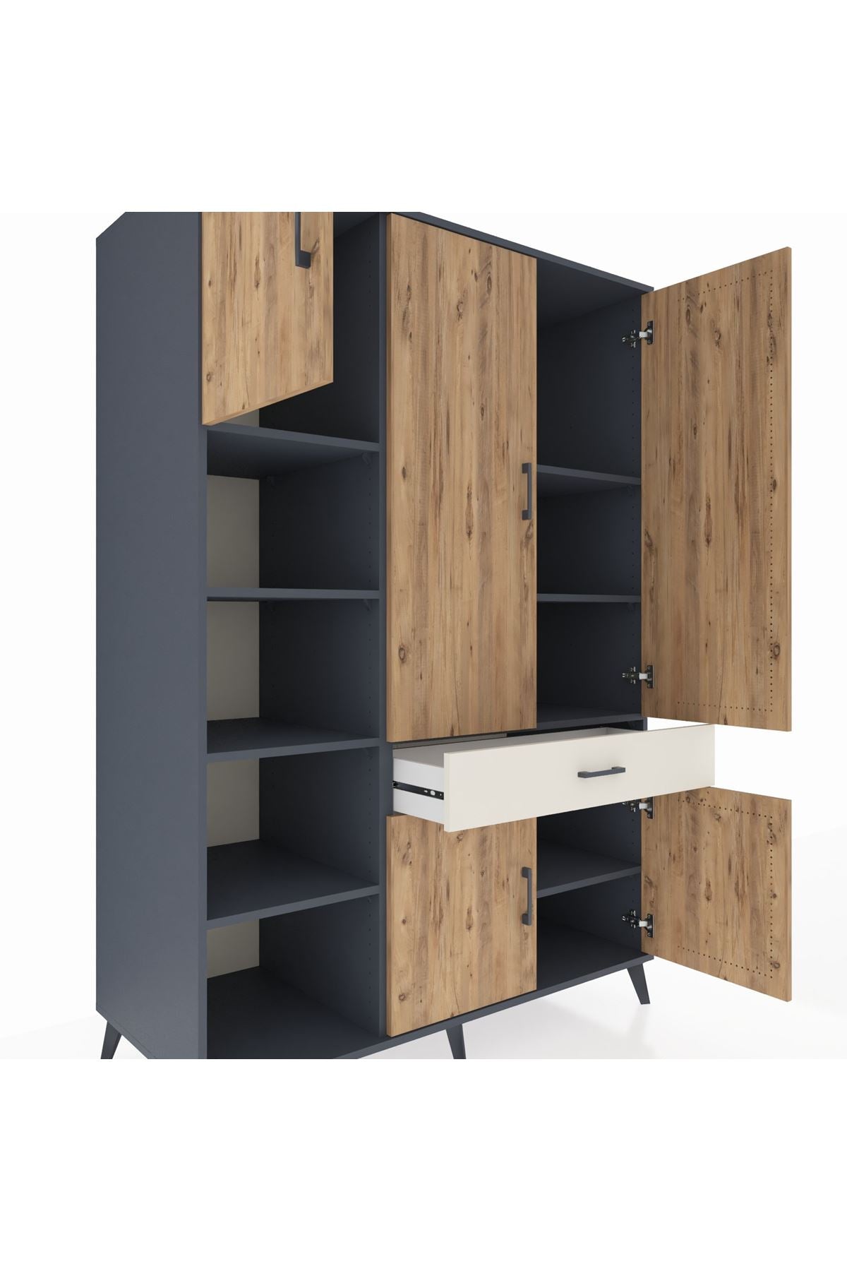 Kronos Dolap 8 Raflı Tek Çekmeceli 5 Kapaklı 132x59x195 Antrasit-Çam/Aytaşı