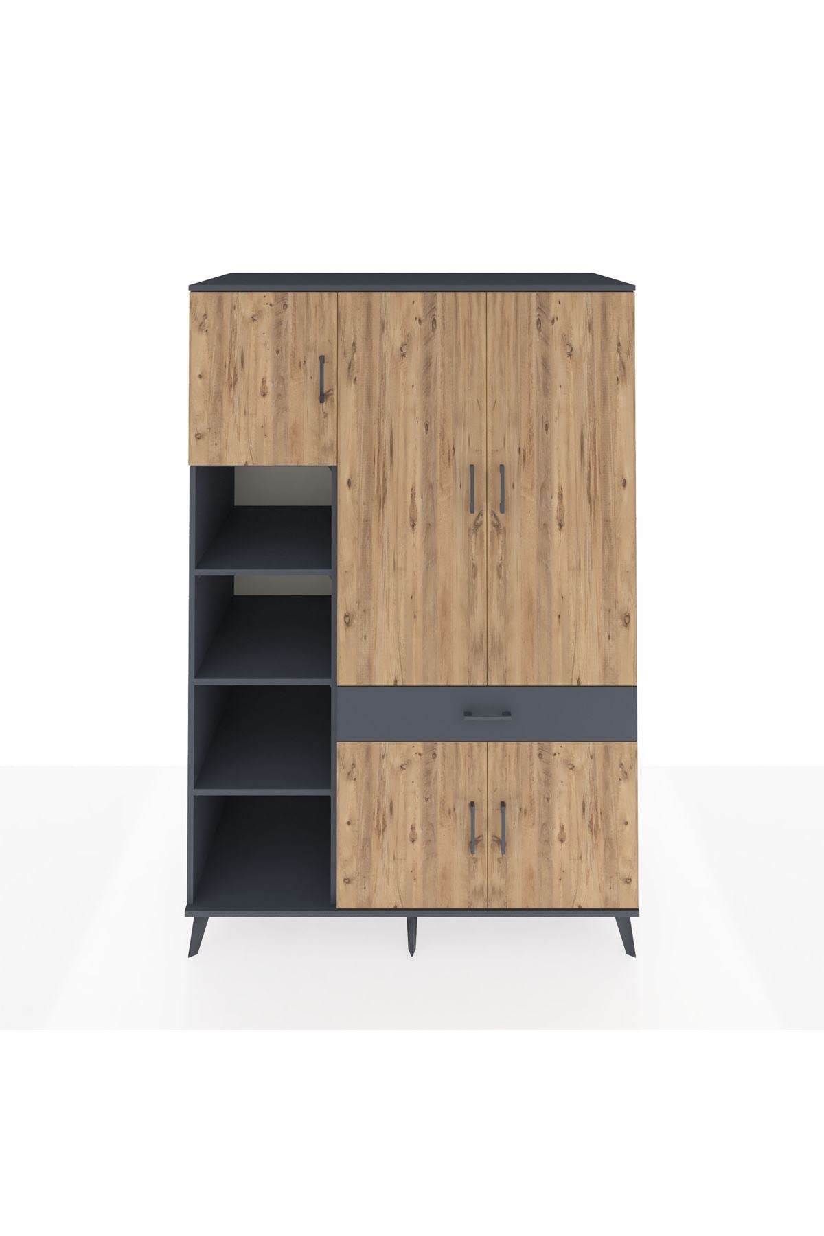 Kronos Dolap 8 Raflı Tek Çekmeceli 5 Kapaklı 132x59x195 Antrasit-Çam/Antrasit