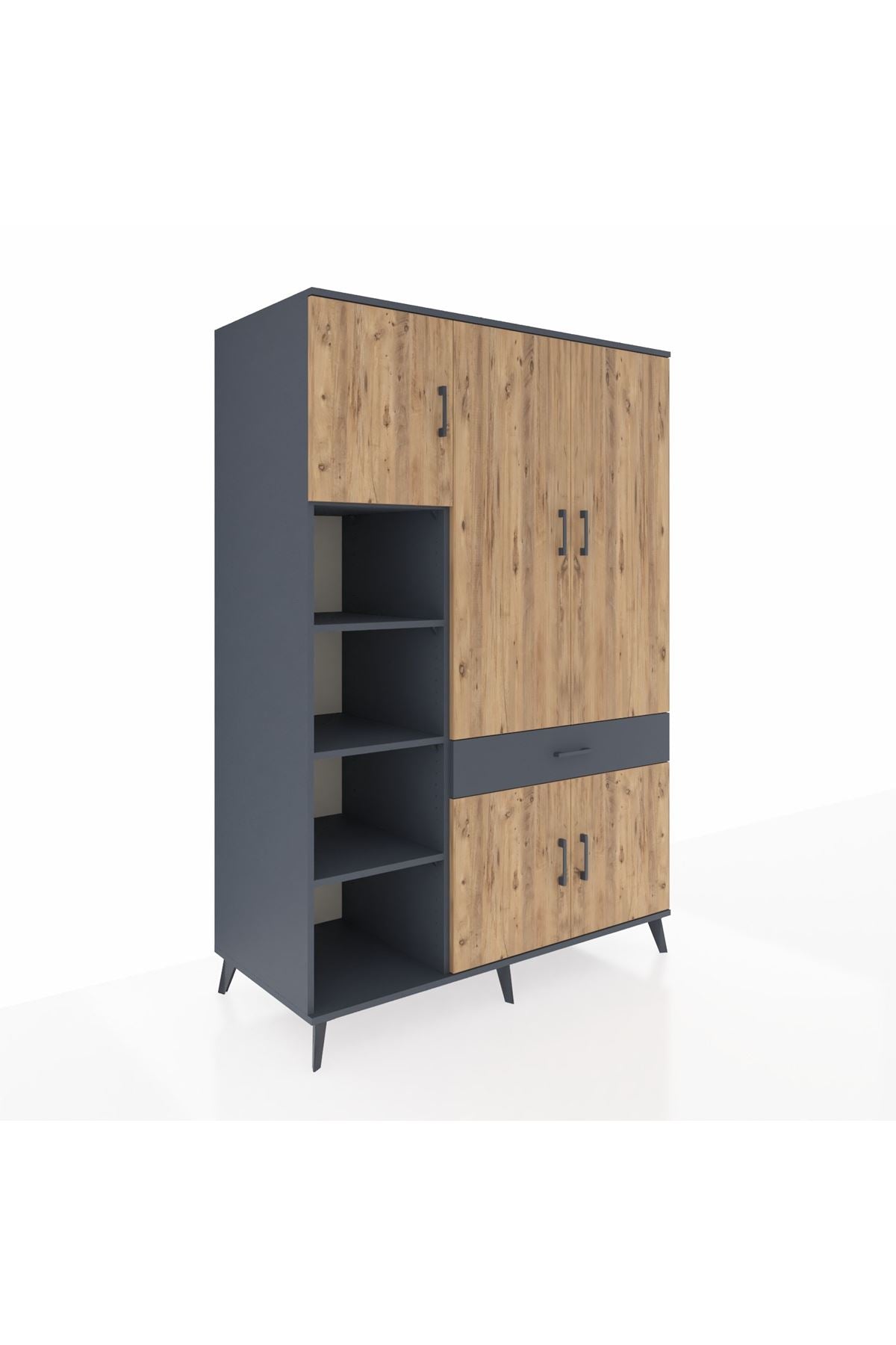 Kronos Dolap 8 Raflı Tek Çekmeceli 5 Kapaklı 132x59x195 Antrasit-Çam/Antrasit