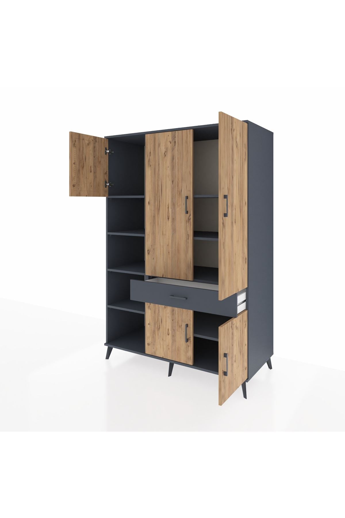 Kronos Dolap 8 Raflı Tek Çekmeceli 5 Kapaklı 132x59x195 Antrasit-Çam/Antrasit