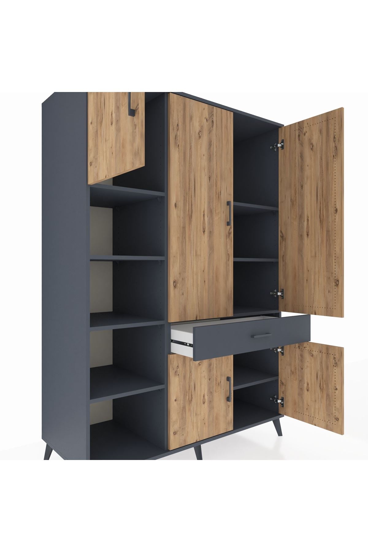 Kronos Dolap 8 Raflı Tek Çekmeceli 5 Kapaklı 132x59x195 Antrasit-Çam/Antrasit