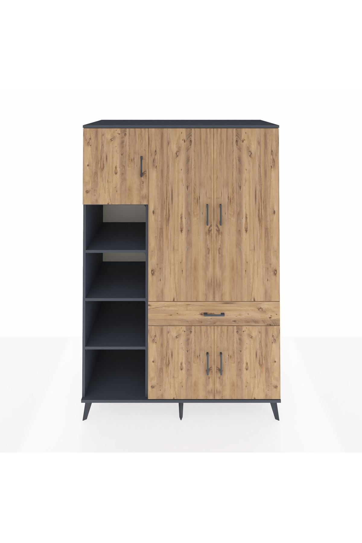 Kronos Dolap 8 Raflı Tek Çekmeceli 5 Kapaklı 132x59x195 Antrasit-Çam/Çam