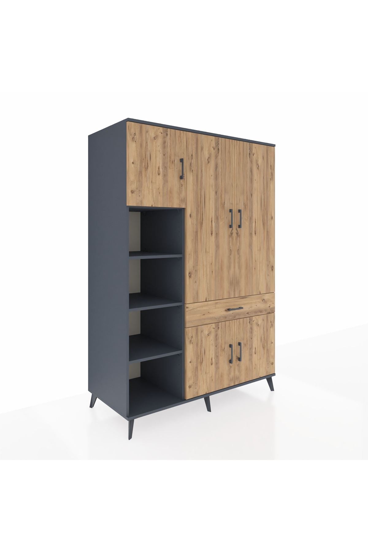 Kronos Dolap 8 Raflı Tek Çekmeceli 5 Kapaklı 132x59x195 Antrasit-Çam/Çam