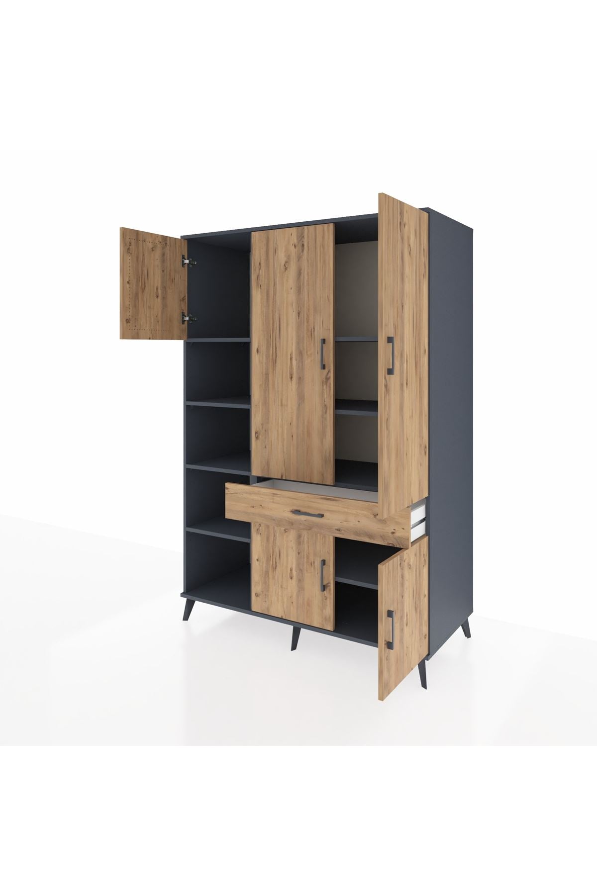 Kronos Dolap 8 Raflı Tek Çekmeceli 5 Kapaklı 132x59x195 Antrasit-Çam/Çam