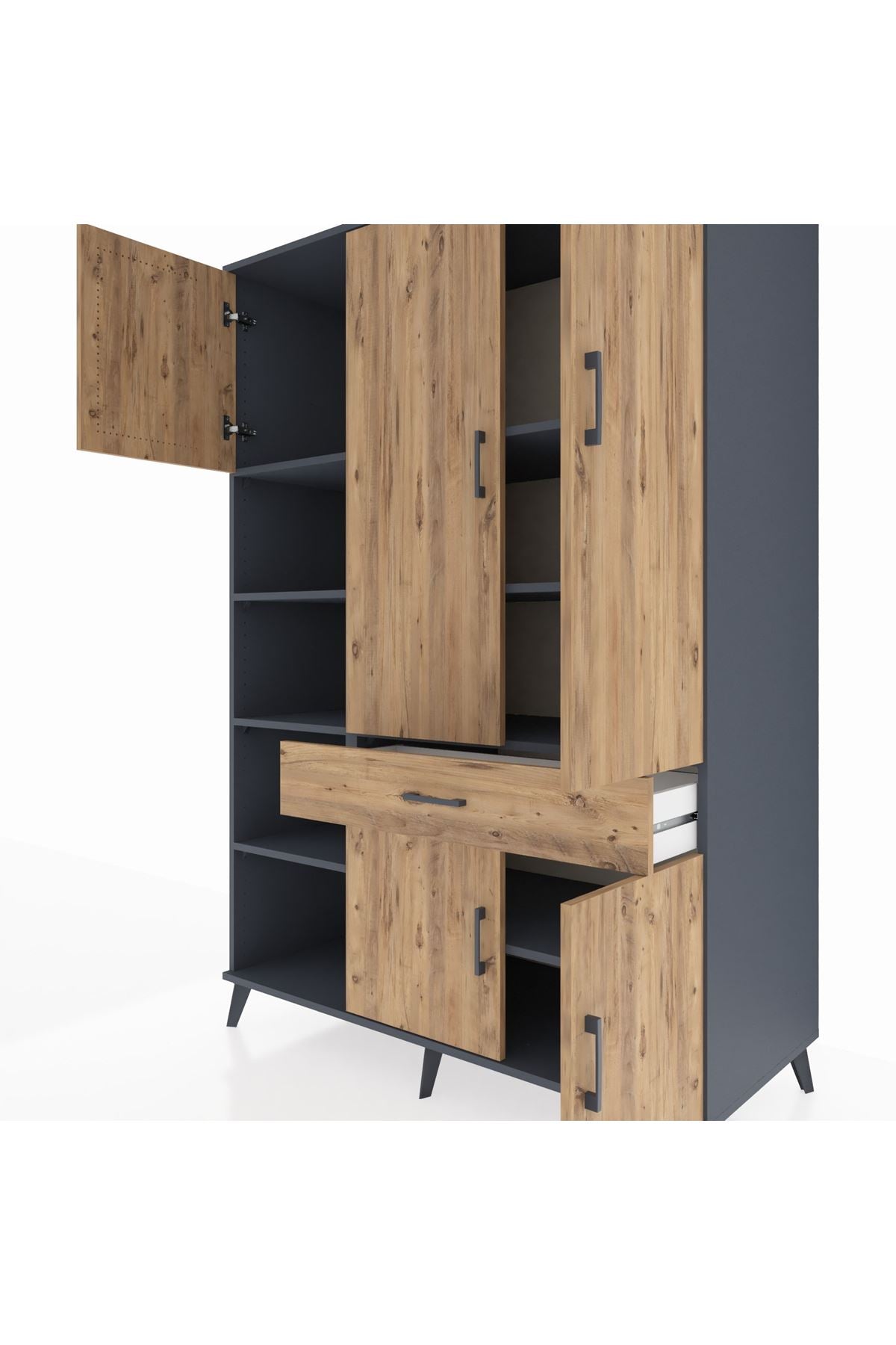 Kronos Dolap 8 Raflı Tek Çekmeceli 5 Kapaklı 132x59x195 Antrasit-Çam/Çam