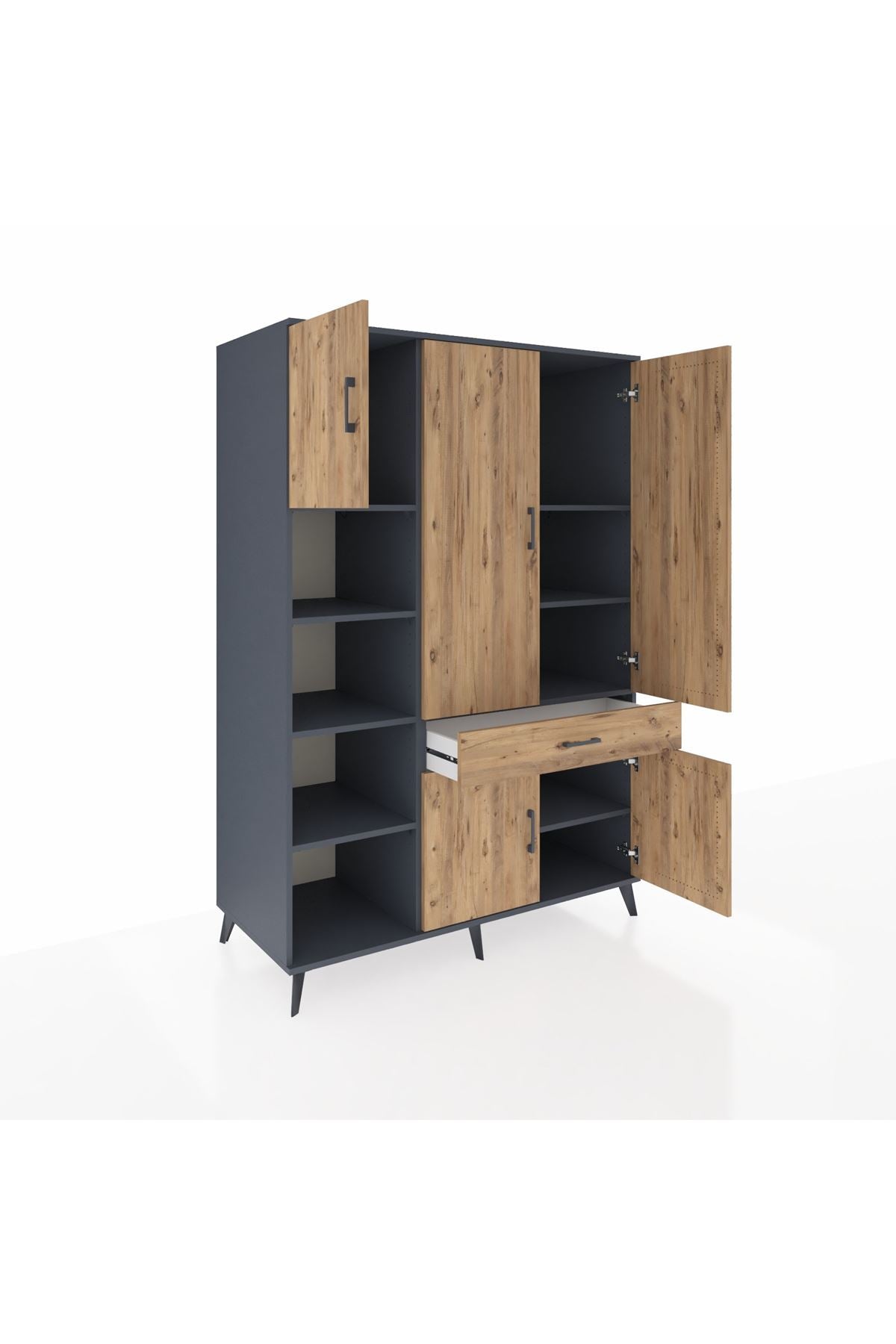 Kronos Dolap 8 Raflı Tek Çekmeceli 5 Kapaklı 132x59x195 Antrasit-Çam/Çam