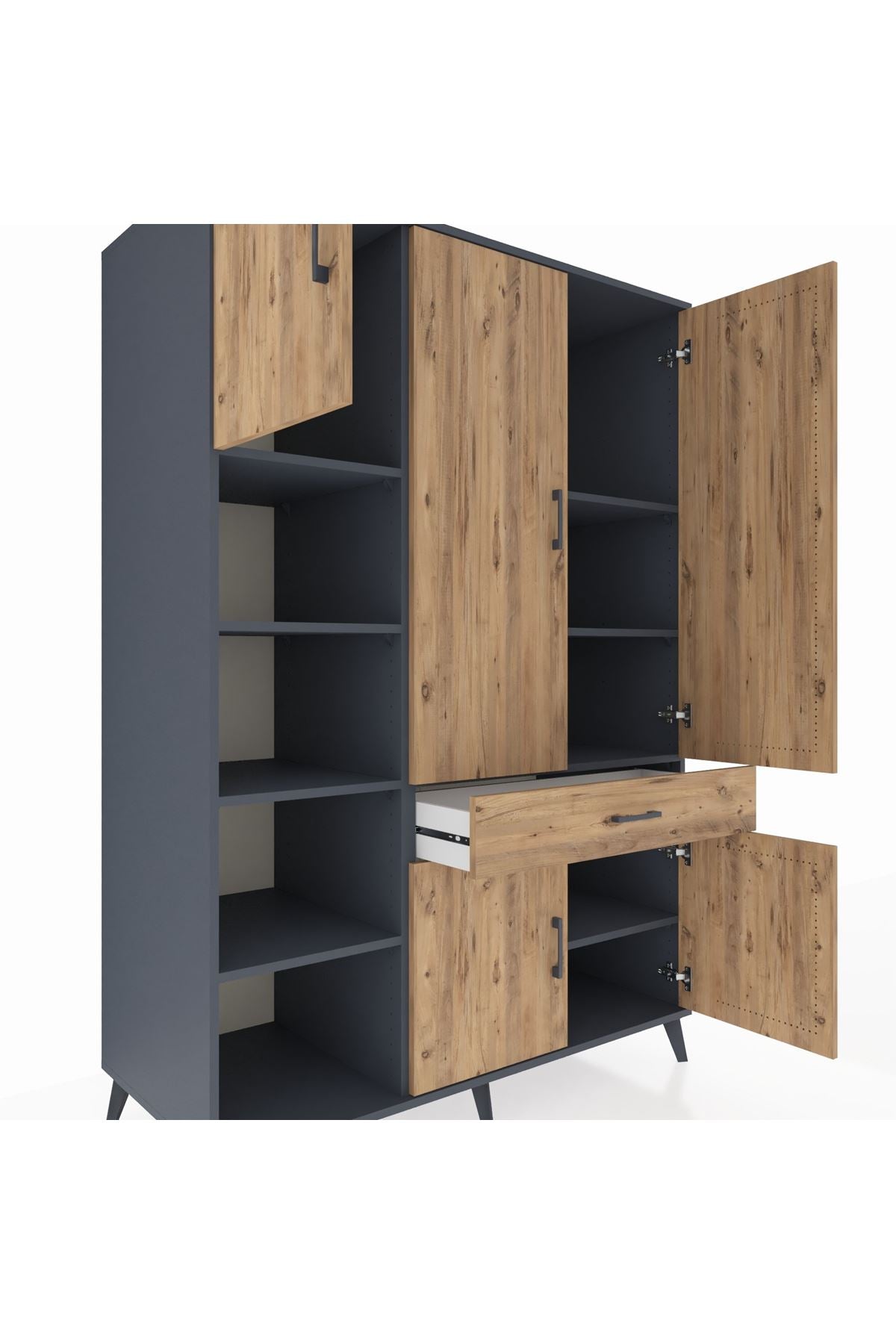 Kronos Dolap 8 Raflı Tek Çekmeceli 5 Kapaklı 132x59x195 Antrasit-Çam/Çam