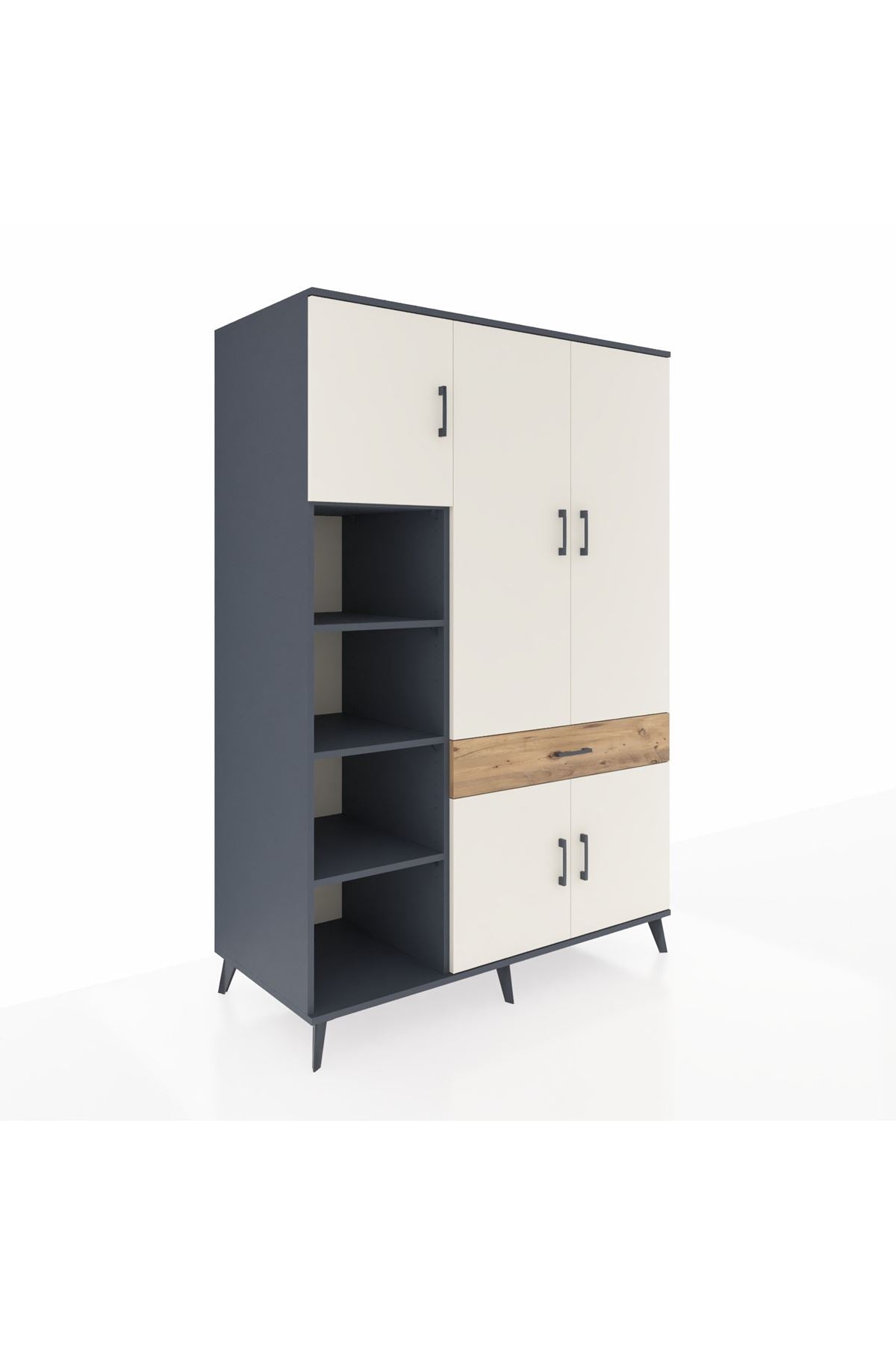 Kronos Dolap 8 Raflı Tek Çekmeceli 5 Kapaklı 132x59x195 Antrasit-Aytaşı/Çam