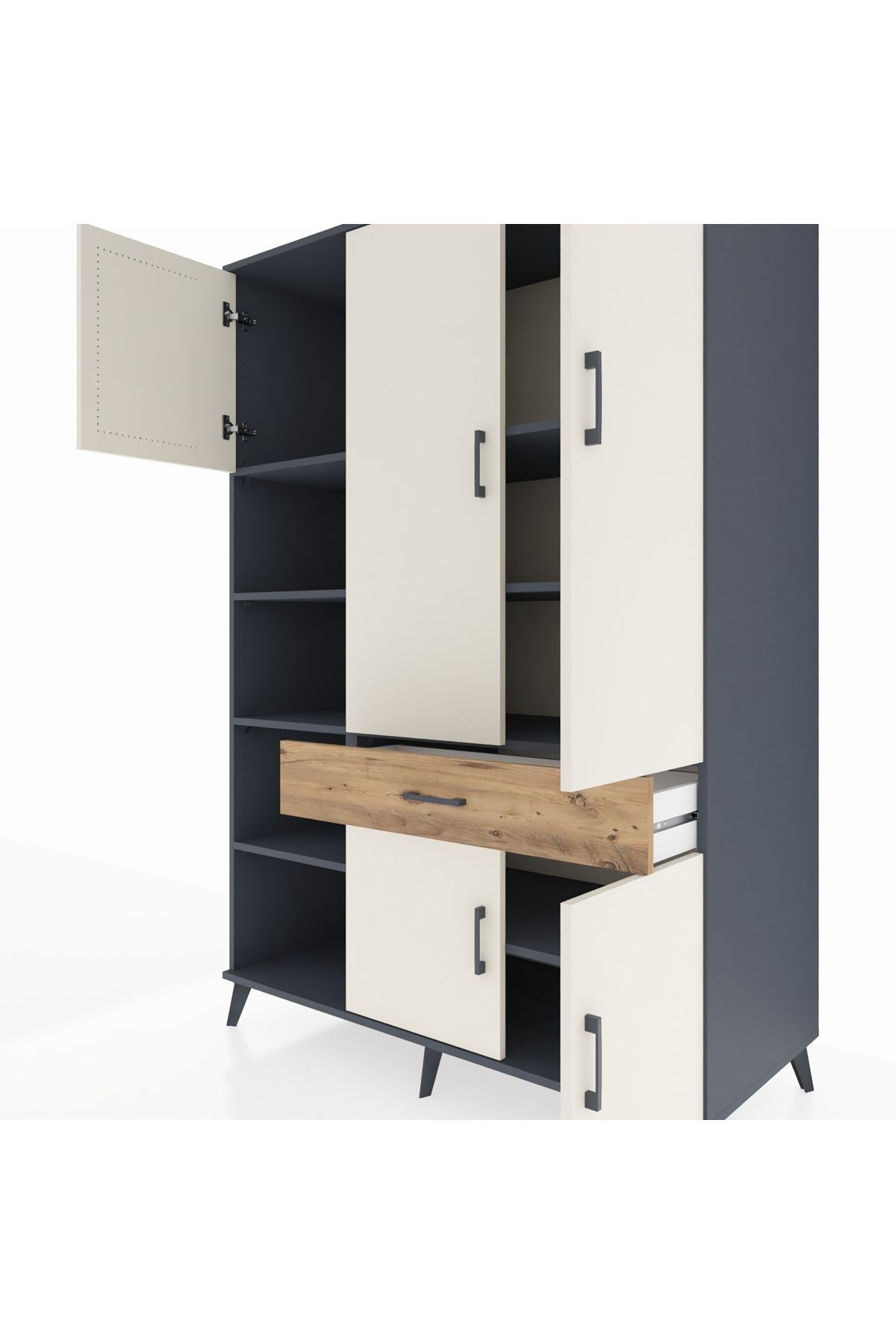 Kronos Dolap 8 Raflı Tek Çekmeceli 5 Kapaklı 132x59x195 Antrasit-Aytaşı/Çam