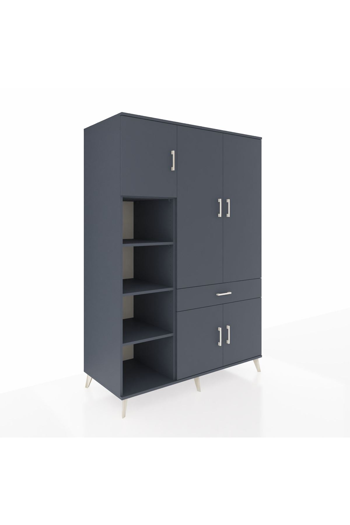 Kronos Dolap 8 Raflı Tek Çekmeceli 5 Kapaklı 132x59x195 Antrasit-Antrasit/Antrasit