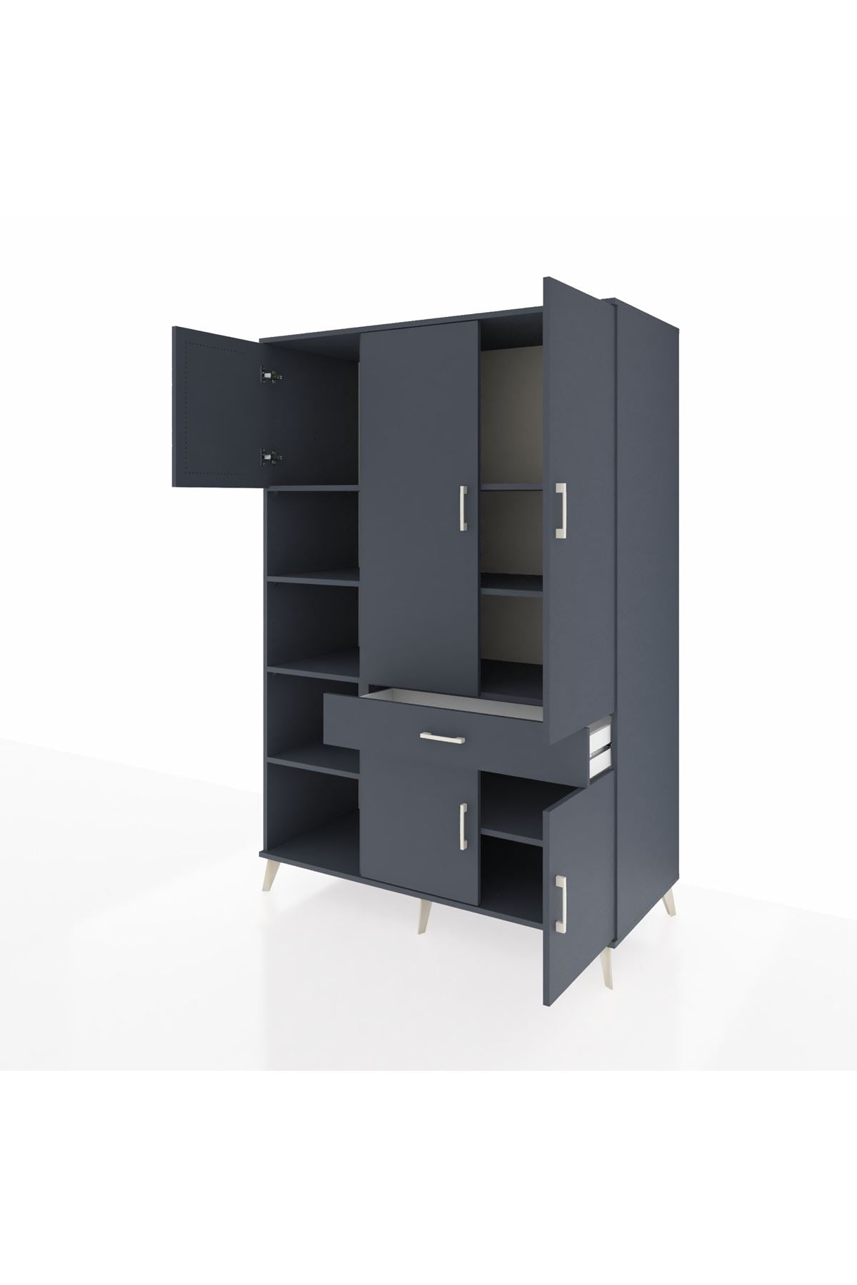 Kronos Dolap 8 Raflı Tek Çekmeceli 5 Kapaklı 132x59x195 Antrasit-Antrasit/Antrasit