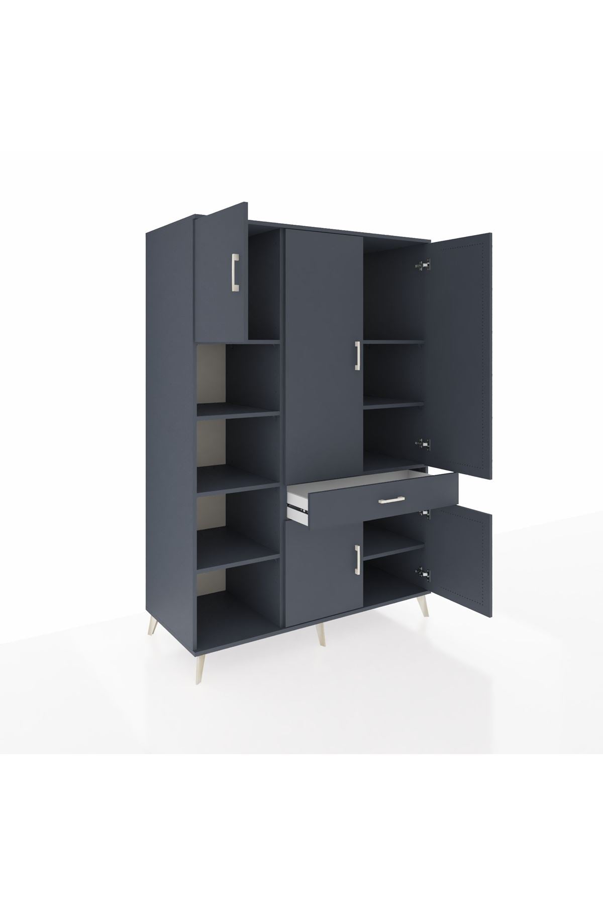 Kronos Dolap 8 Raflı Tek Çekmeceli 5 Kapaklı 132x59x195 Antrasit-Antrasit/Antrasit