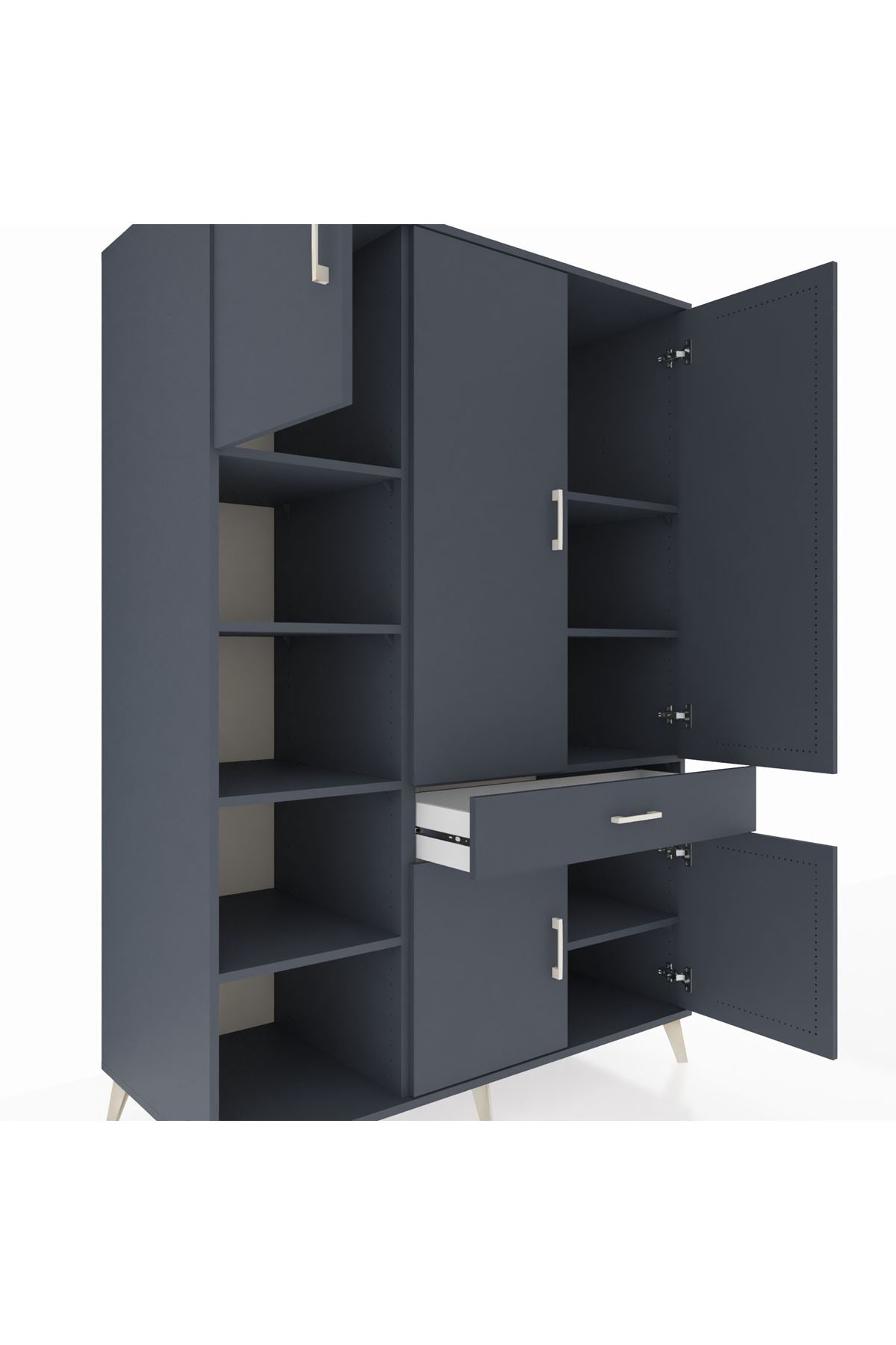 Kronos Dolap 8 Raflı Tek Çekmeceli 5 Kapaklı 132x59x195 Antrasit-Antrasit/Antrasit