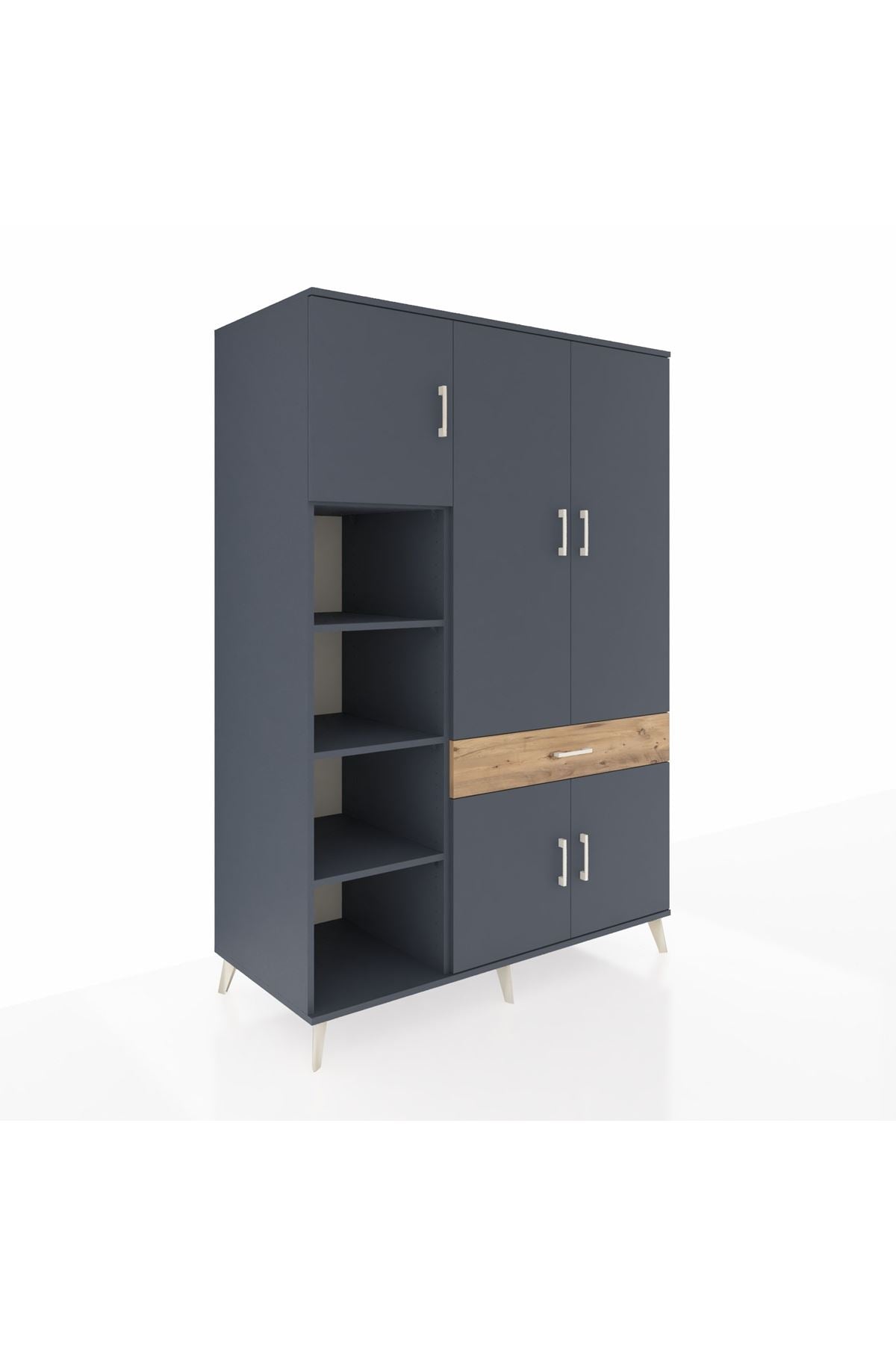 Kronos Dolap 8 Raflı Tek Çekmeceli 5 Kapaklı 132x59x195 Antrasit-Antrasit/Çam